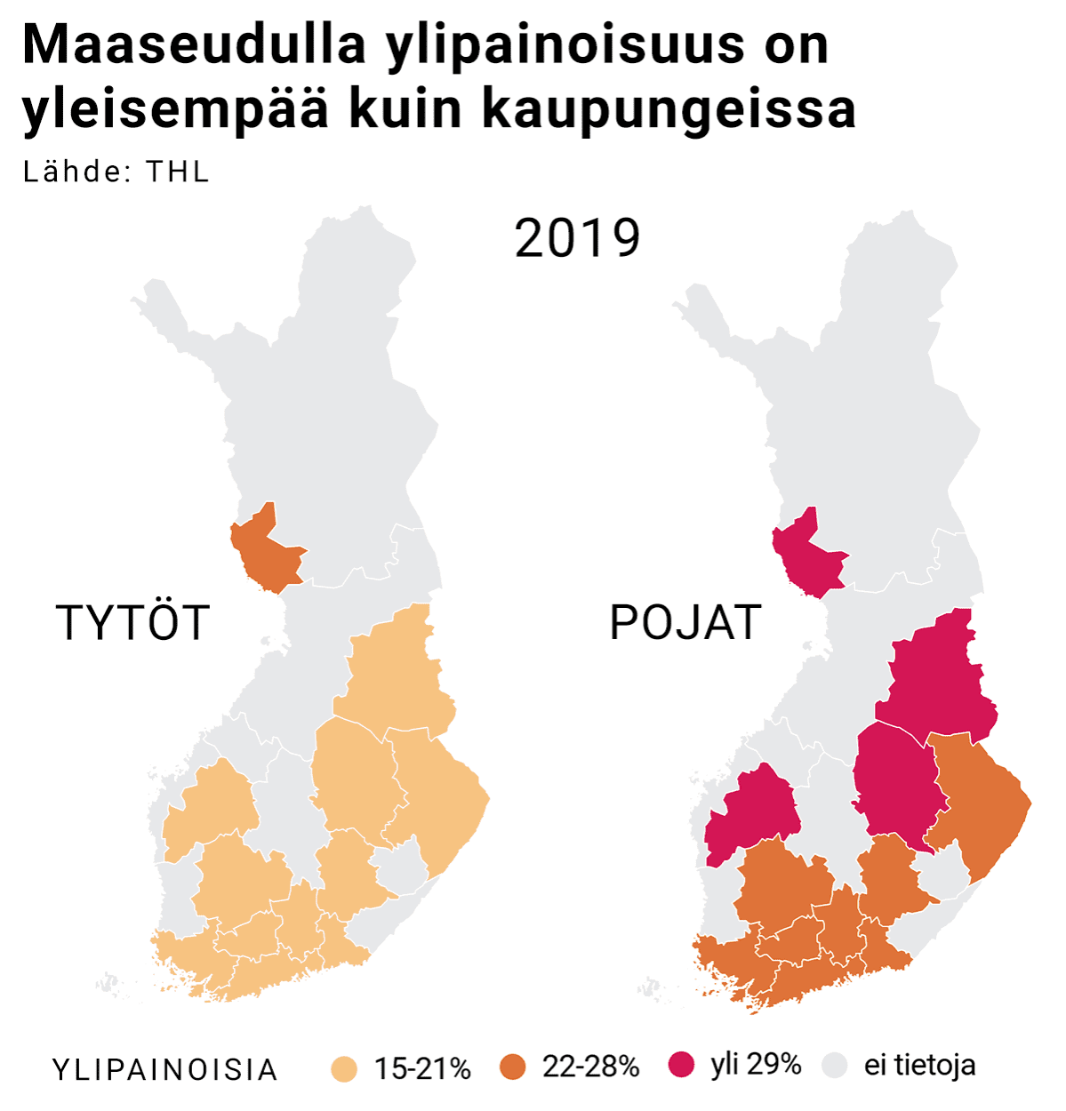 Lasten ylipaino yleisempää maaseudulla. Kartta.