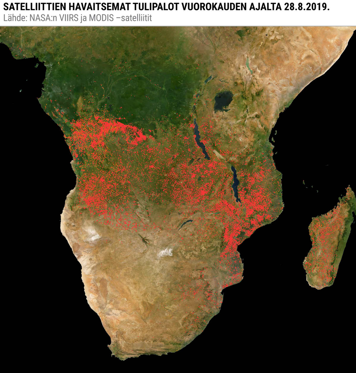 Karttagrafiikka tulipaloista Etelä-Afrikassa.