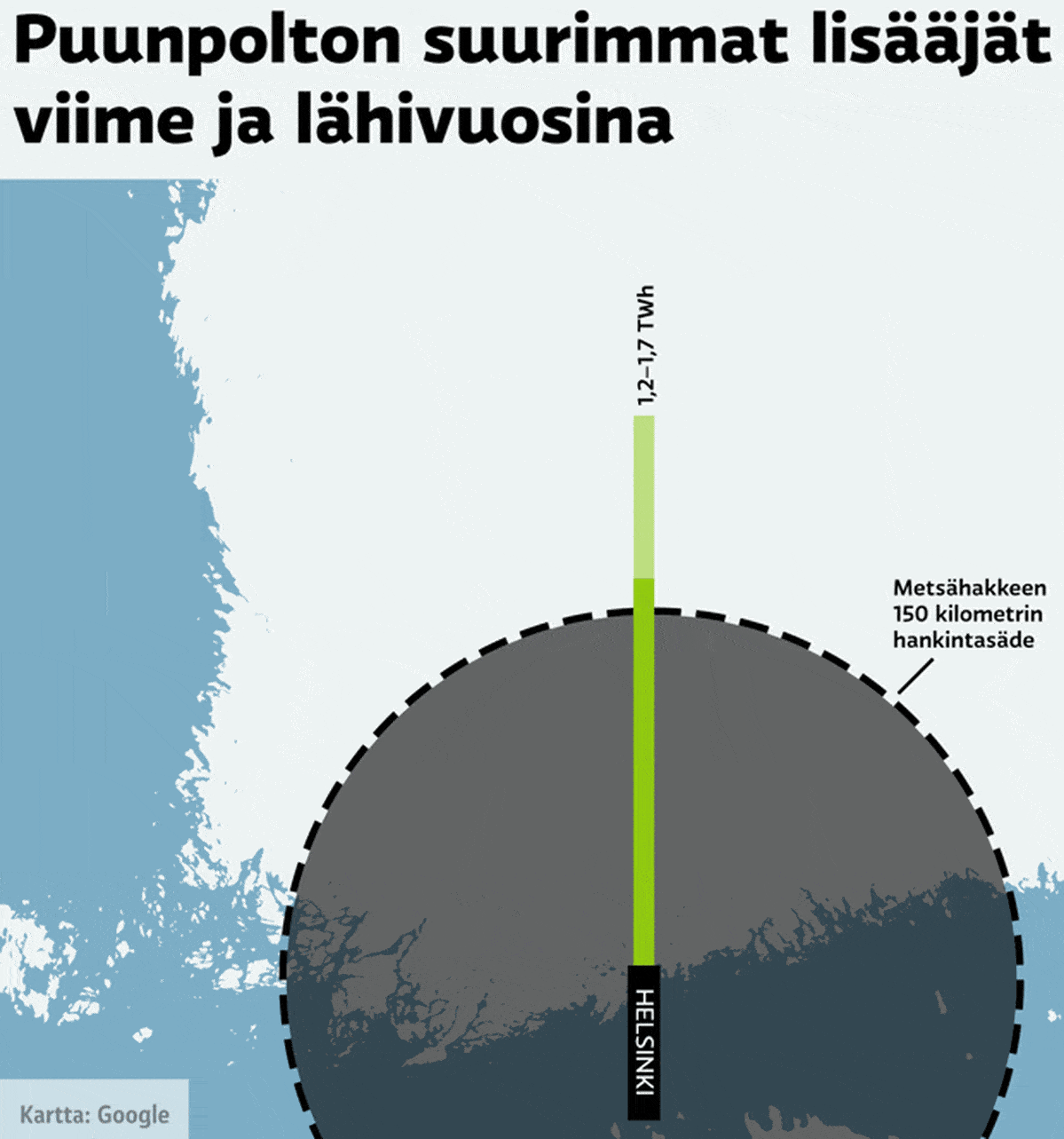 Suurin osa puupolttoaineiden lisäystarpeesta kartalla koskee tulevia vuosia. Naantalissa suurin kasvu tulee vuonna 2017 valmistuneesta monipolttoainevoimalaitoksesta, johon tuodaan polttoainetta myös laivoilla. Vuonna 2017 valmistui myös Espoon Kivenlahden pellettikattila (0,3 TWh/vuosi) ja vuonna 2018 Helsingin Salmisaaren pellettikattila (0,2 TWh/vuosi).