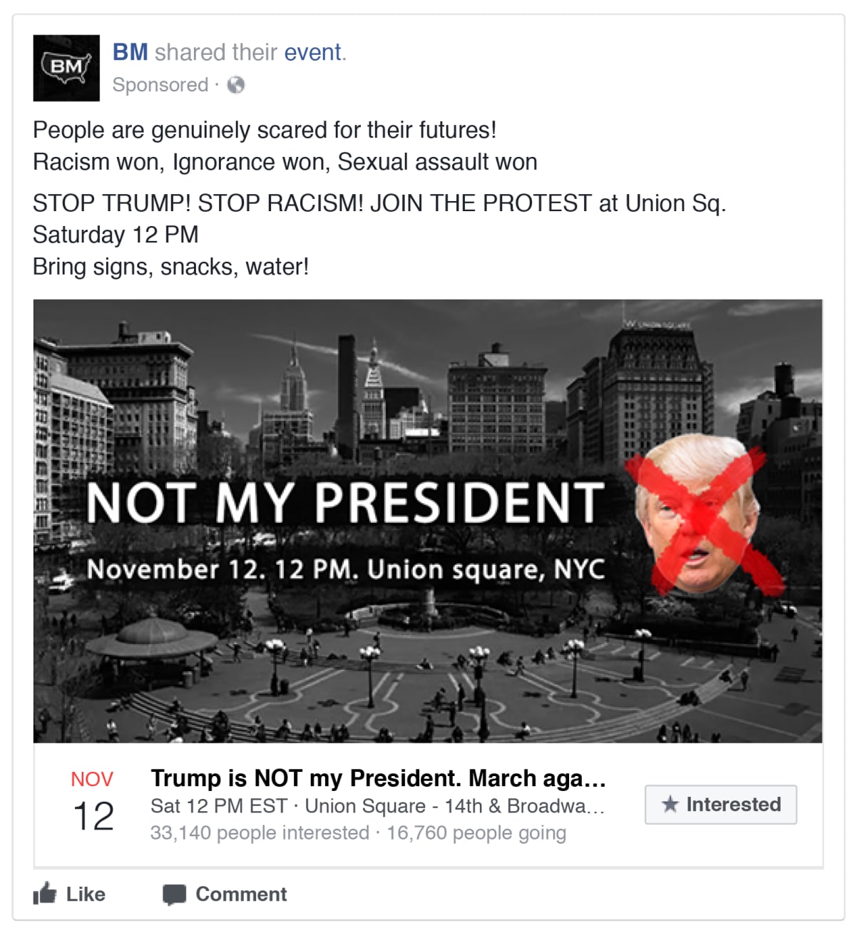Not my president -raksi Trumpin naaman päällä.