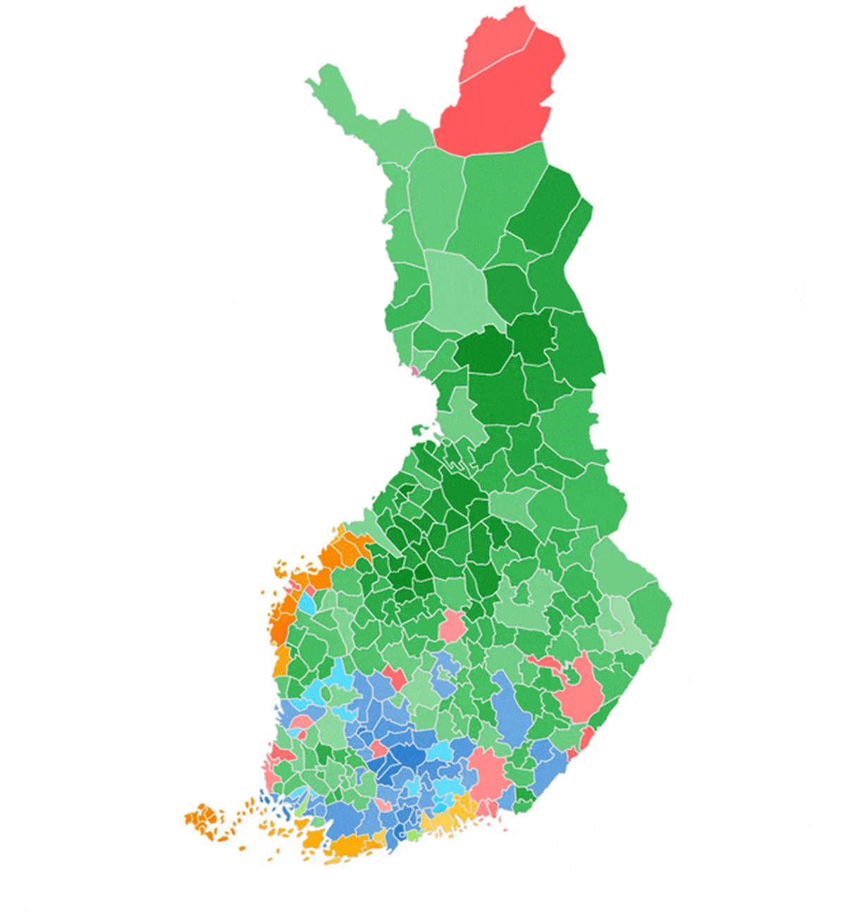 Eurovaalien 2019 suurin puolue kunnittain perinteisellä kartalla sekä väkimäärän mukaan painotettuna.