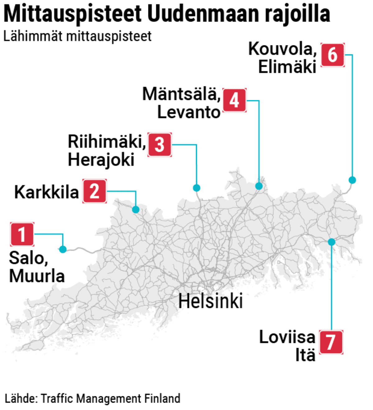 Kartta Uudenmaan rajojen lähimmistä liikenteen mittauspisteistä.