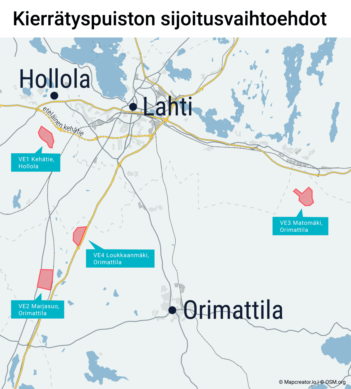 Kartalla neljä mahdollista sijoituspaikkaa uudelle kierrätyspuistolle Lahden lähellä. Mahdollisista sijoituspaikoista yksi on Hollolan Kehätien lähellä, toinen Orimattilan Marjasuolla, kolmas Orimattilan Loukkaanmäellä ja neljän Orimattilan Matomäessä.