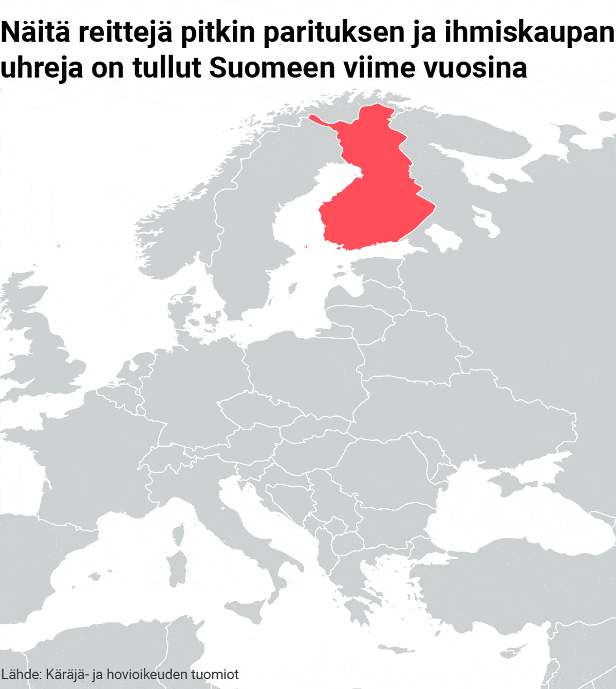 Kartta: Näitä reittejä pitkin parituksen ja ihmiskaupan uhreja on tullut Suomeen viime vuosina. Libyasta ja Nigeriasta Espanjaan sekä Italiaan, minkä jälkeen Suomeen. Tshekistä, Unkarista, Virosta, Venäjältä ja Thaimaasta suoraan Suomeen. Moldovasta ja Romaniasta Baltian läpi Suomeen. Lähde: Käräjä- ja hovioikeuden tuomiot