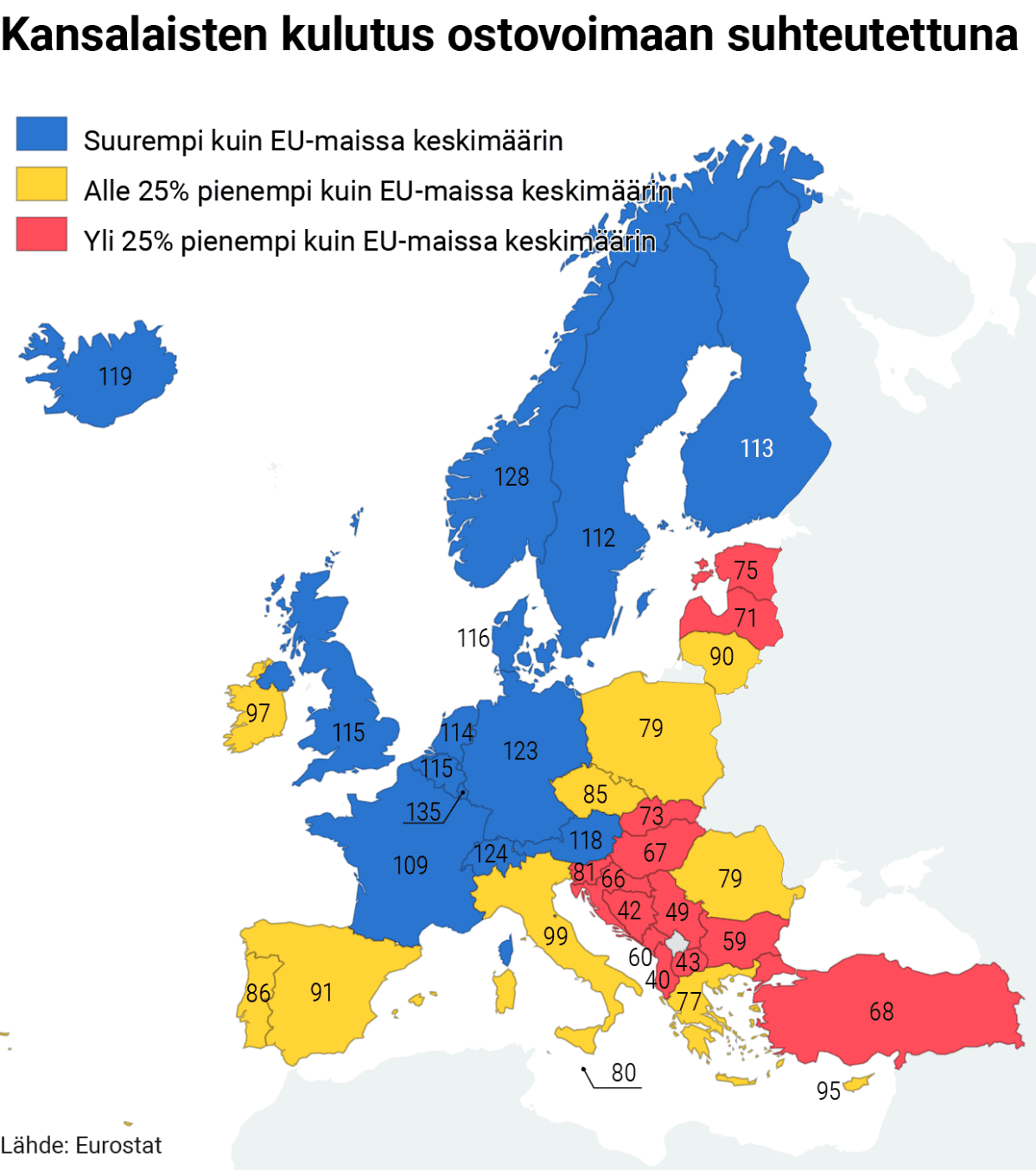 Infokartta EU-kansalaisten kulutuksesta ostovoimaan suhteutettuna.