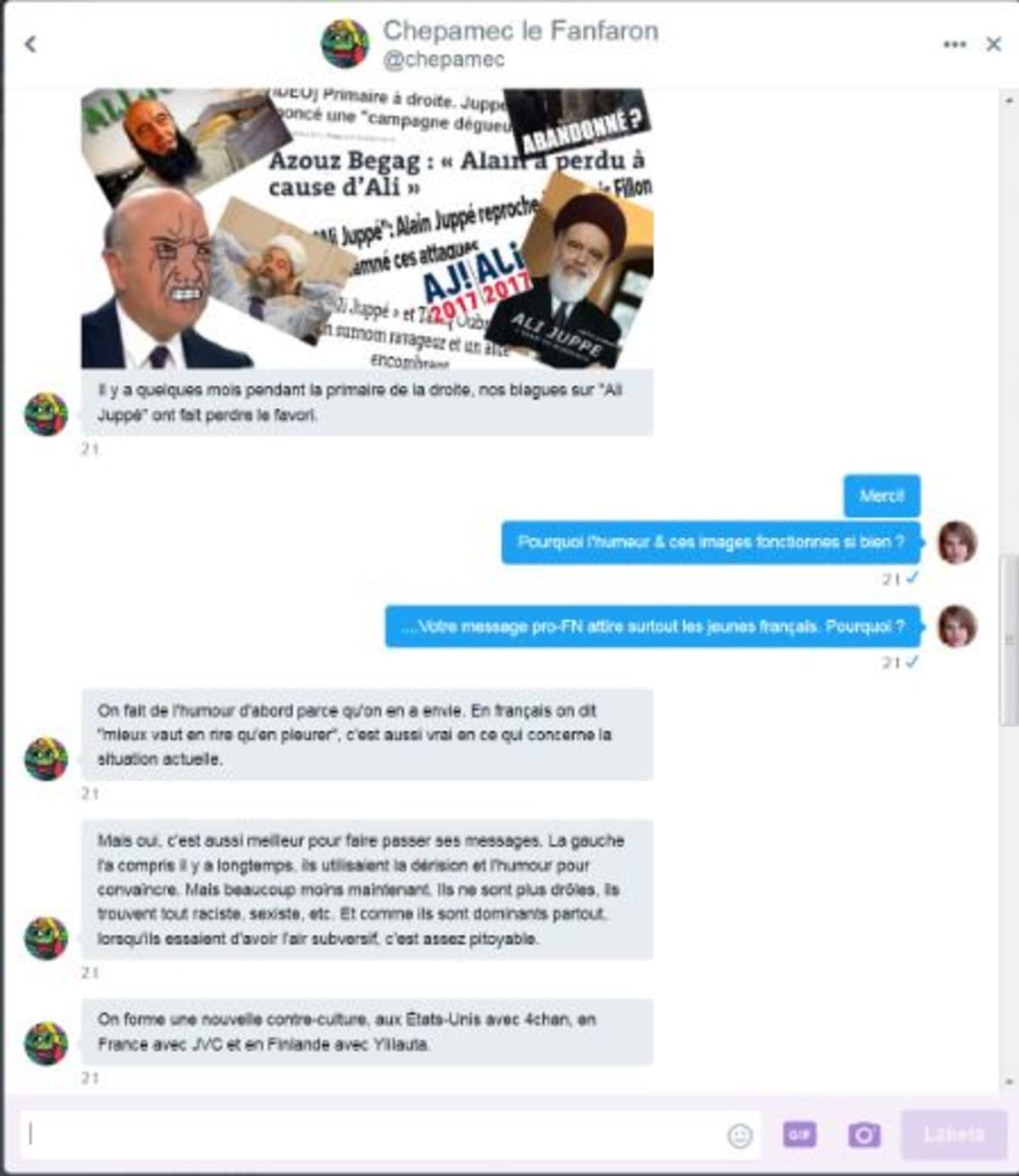 Yle haastatteli Twitterin välityksellä Ranskan äärioikeiston nettipropagandaa levittävä Chepamec-nimimerkkiä.