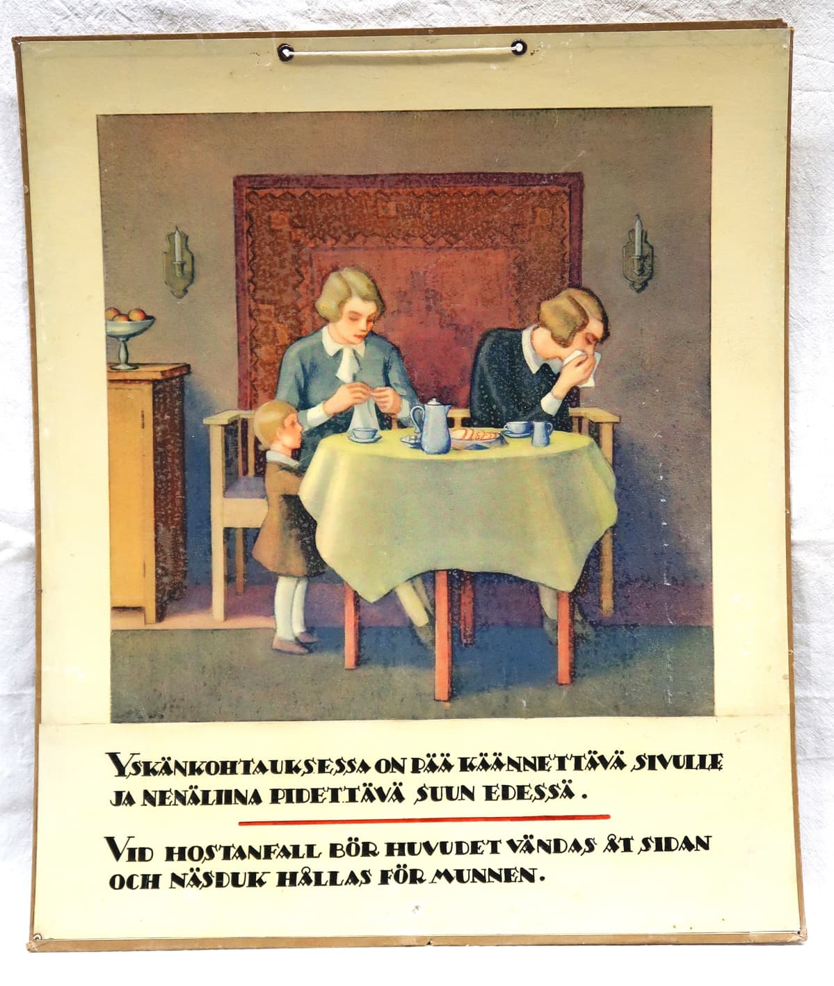 Tuberkuloosin vastustamisyhdistyksen opetustaulu, yskiessä pää käännetään sivulle.