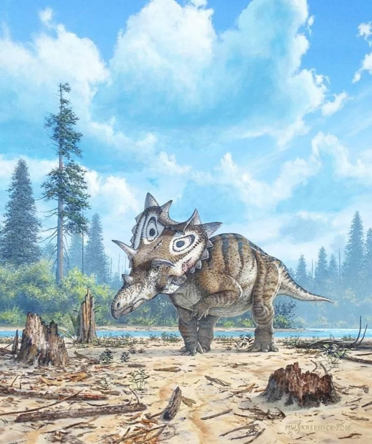 Piirrosuva karuhkosta maisemasta, jossa dinosaurus asetelee.