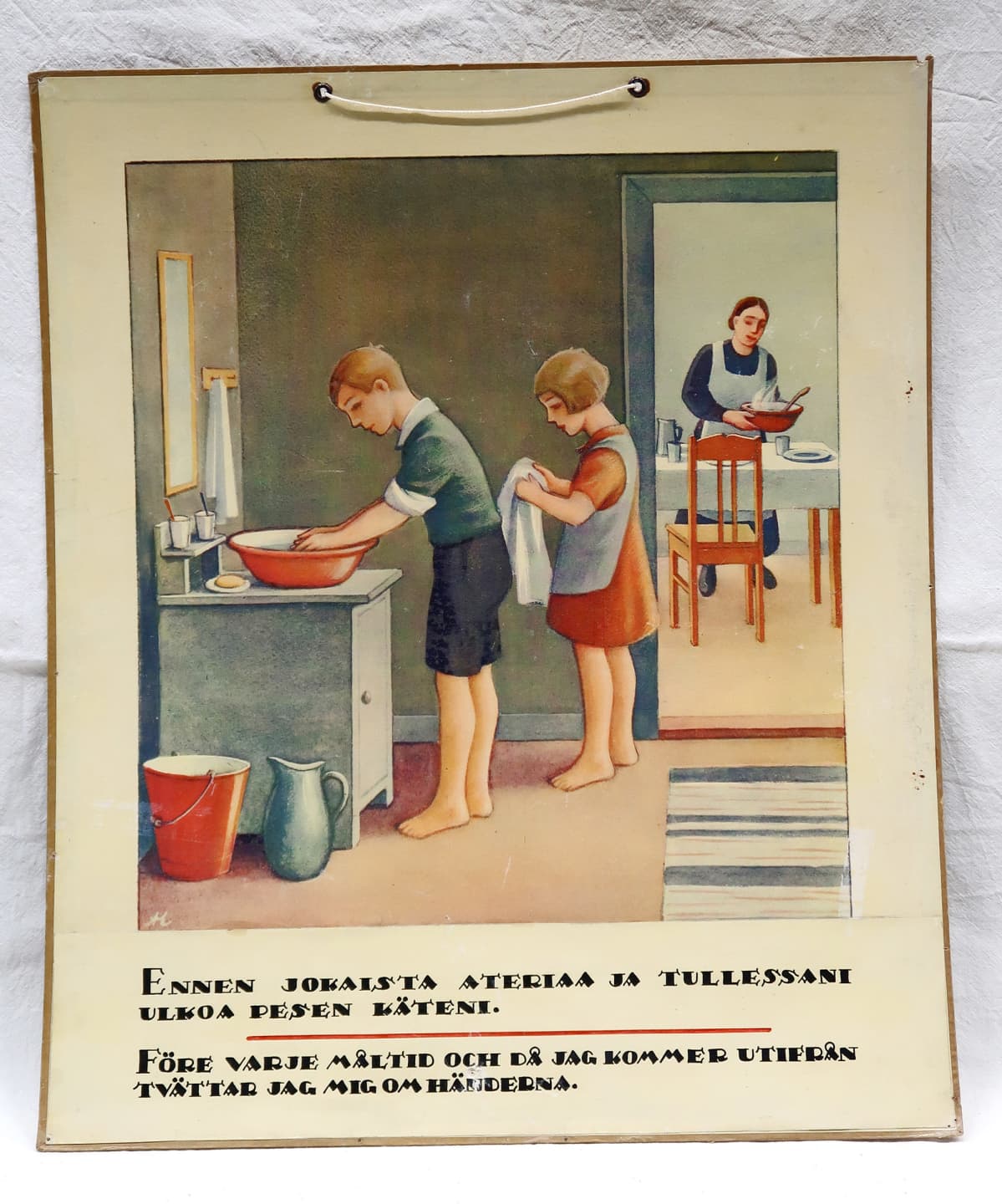 Tuberkuloosin vastustamisyhdistyksen opetustaulu, käsienpesun tärkeys.
