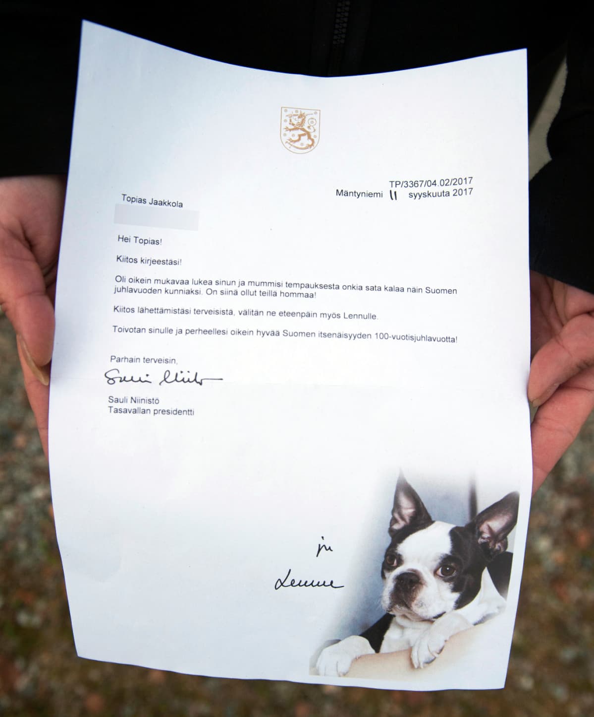 Tasavallan presidentin kirje Topias Jaakkolalle.