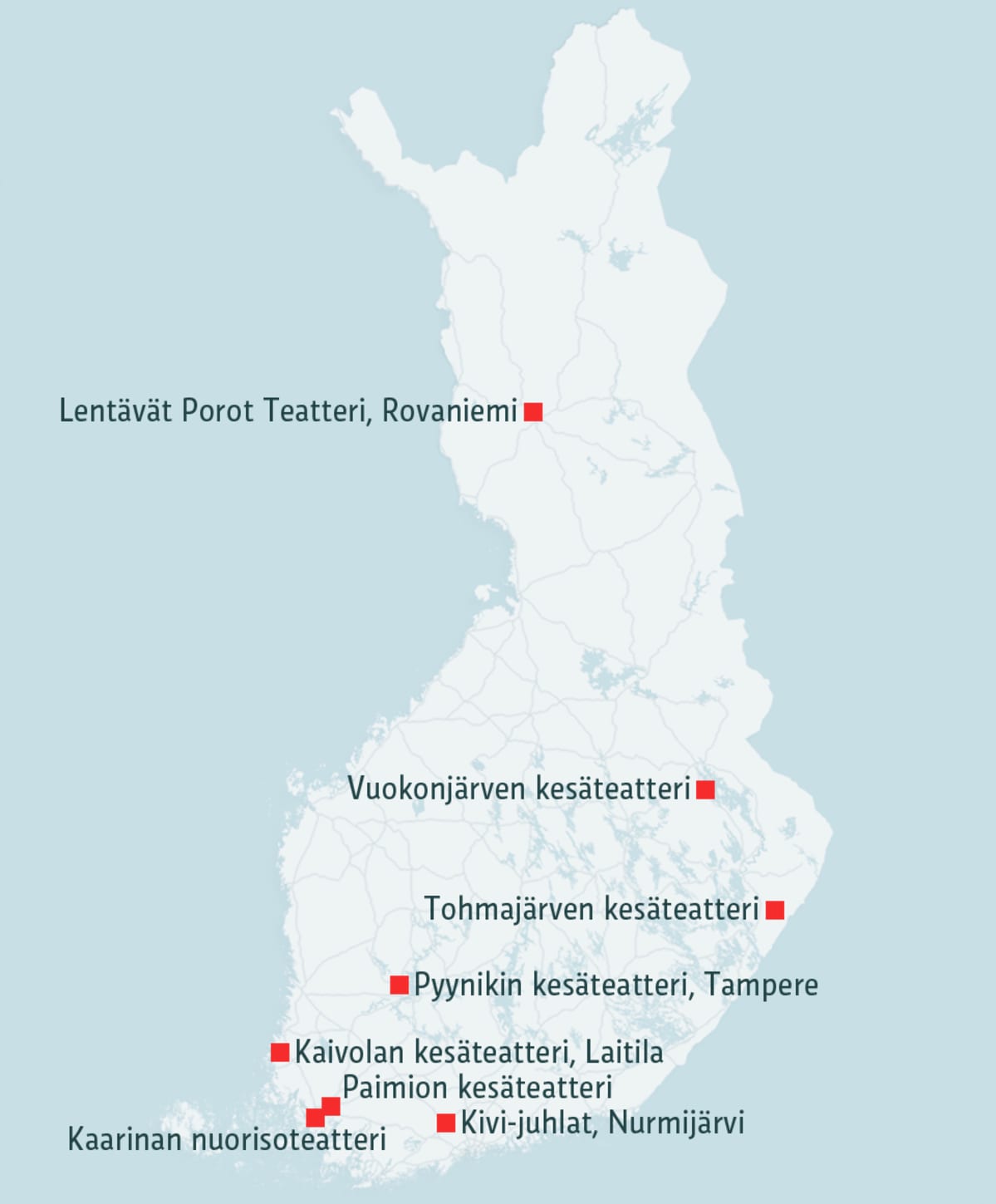 Kesäteattereita kartalla.