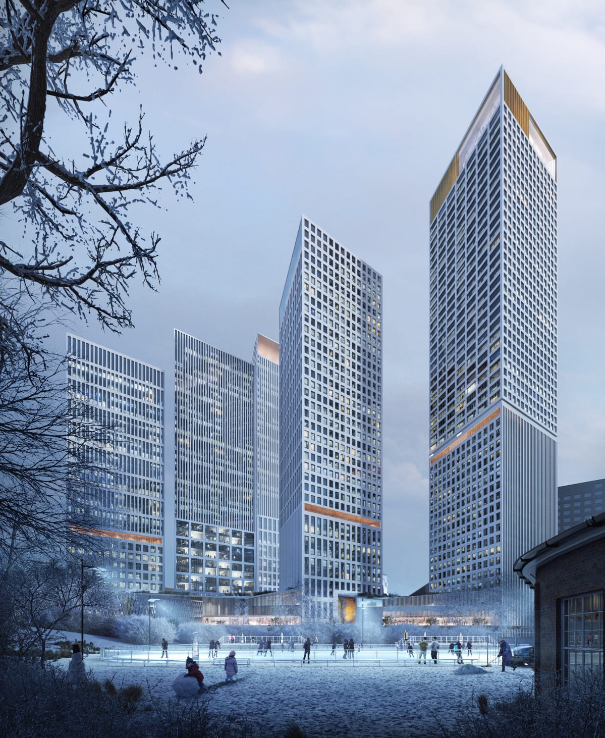 Trigoni, YIT:n ehdotus Helsinki High-rise -kilpailuun. Talvinäkymä Veturipuistosta Länsialueelle.