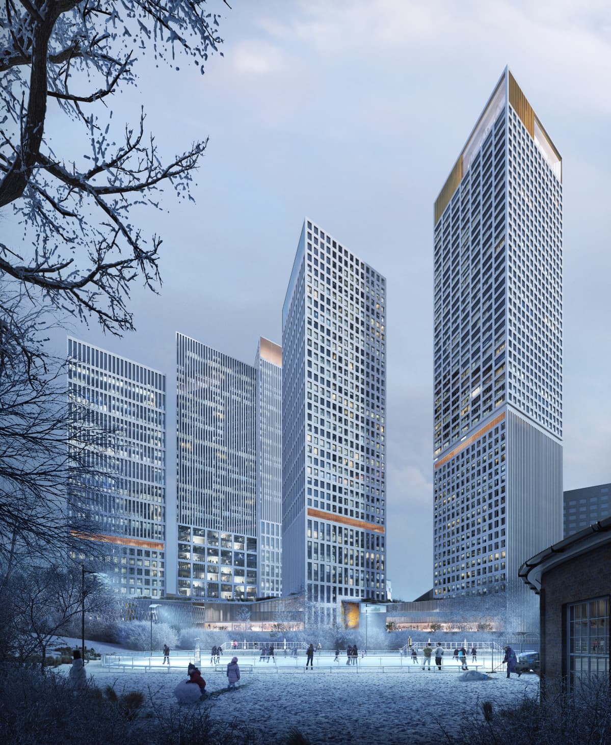 Trigoni, YIT:n ehdotus Helsinki High-rise -kilpailuun. Talvinäkymä Veturipuistosta Länsialueelle.