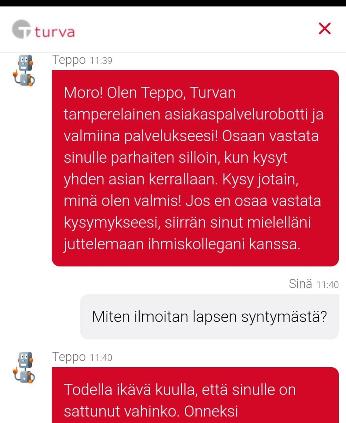 Kuvakaappaus robotin vastauksesta.