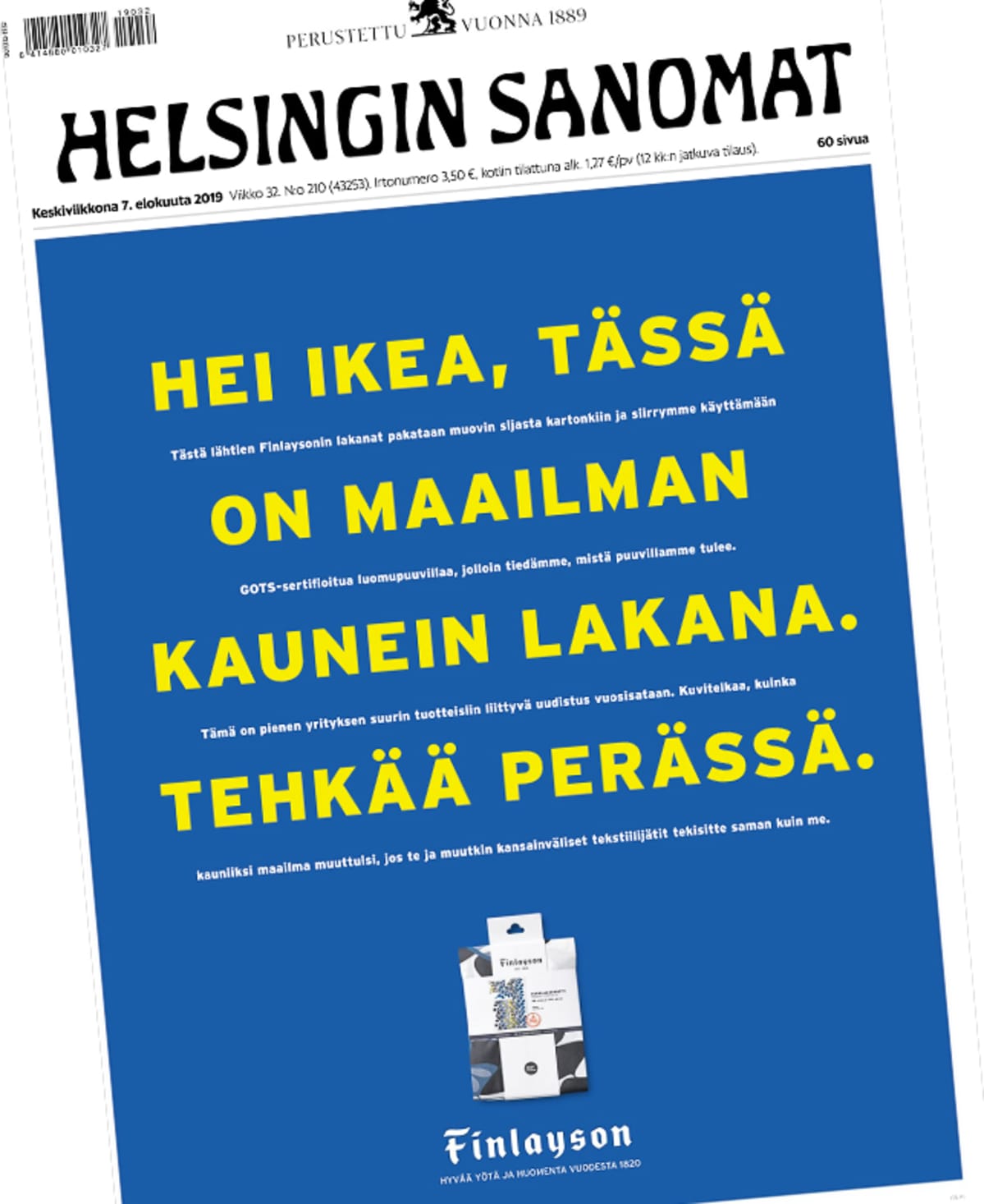 Finlaysonin mainos Helsingin Sanomien etusivulla