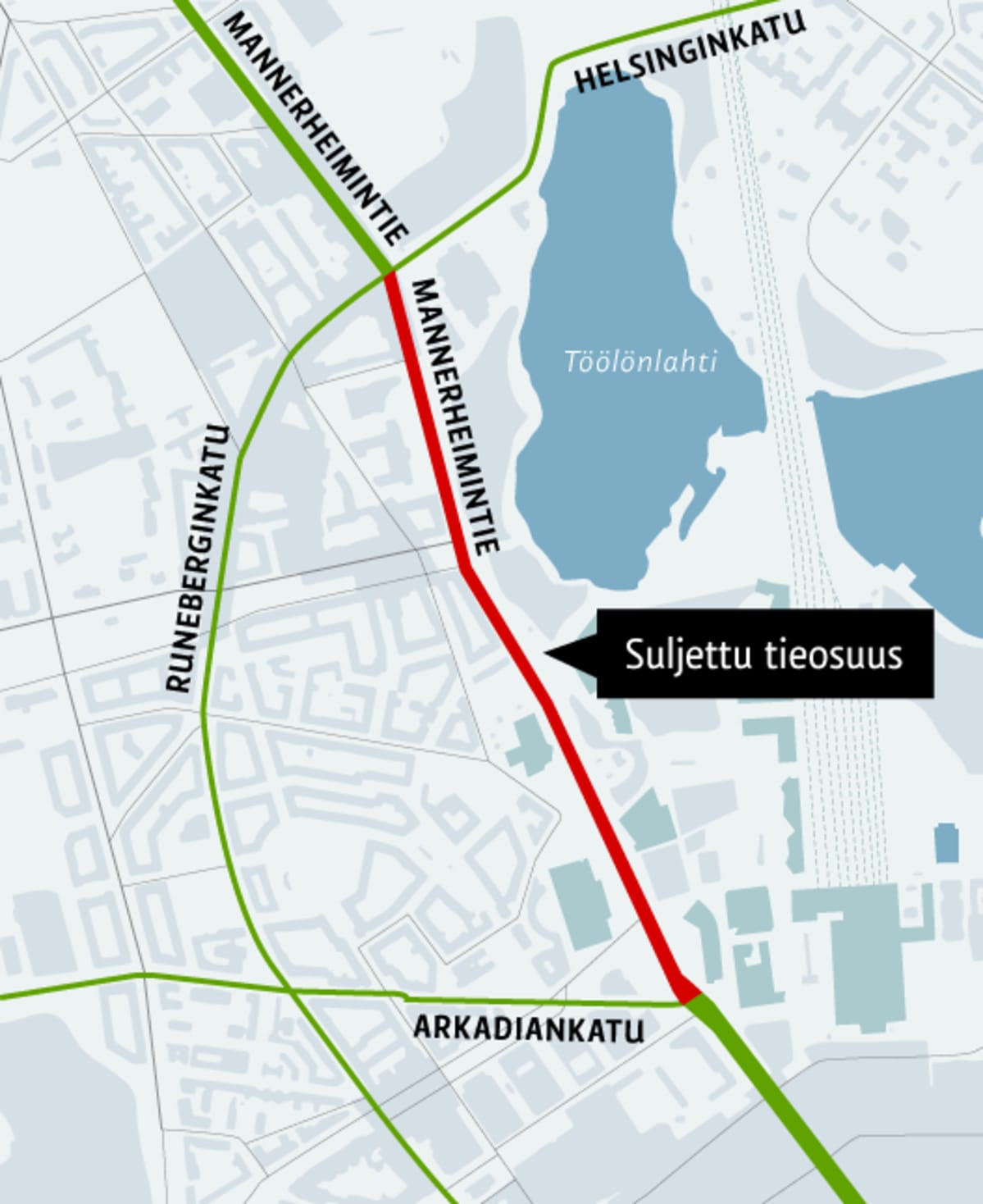 Kartta suljetusta osuudesta Mannerheimintiellä