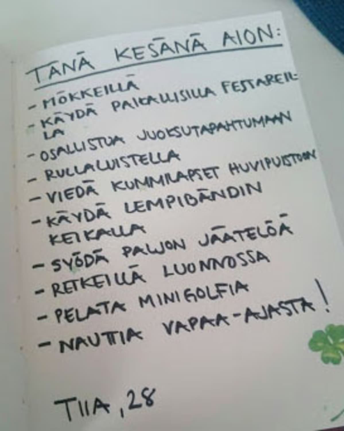 28-vuotiaan Tiian Summer Bucket List.
