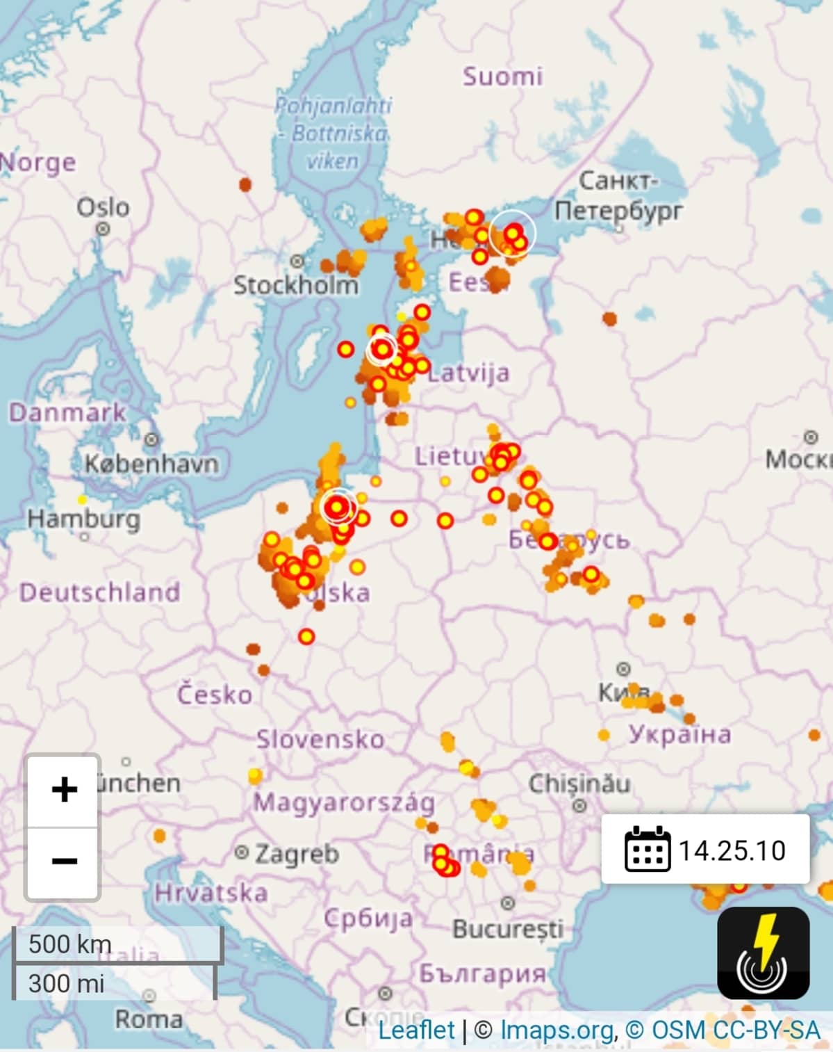 Ruutukaappaus Real Lightning maps -sivustolta.