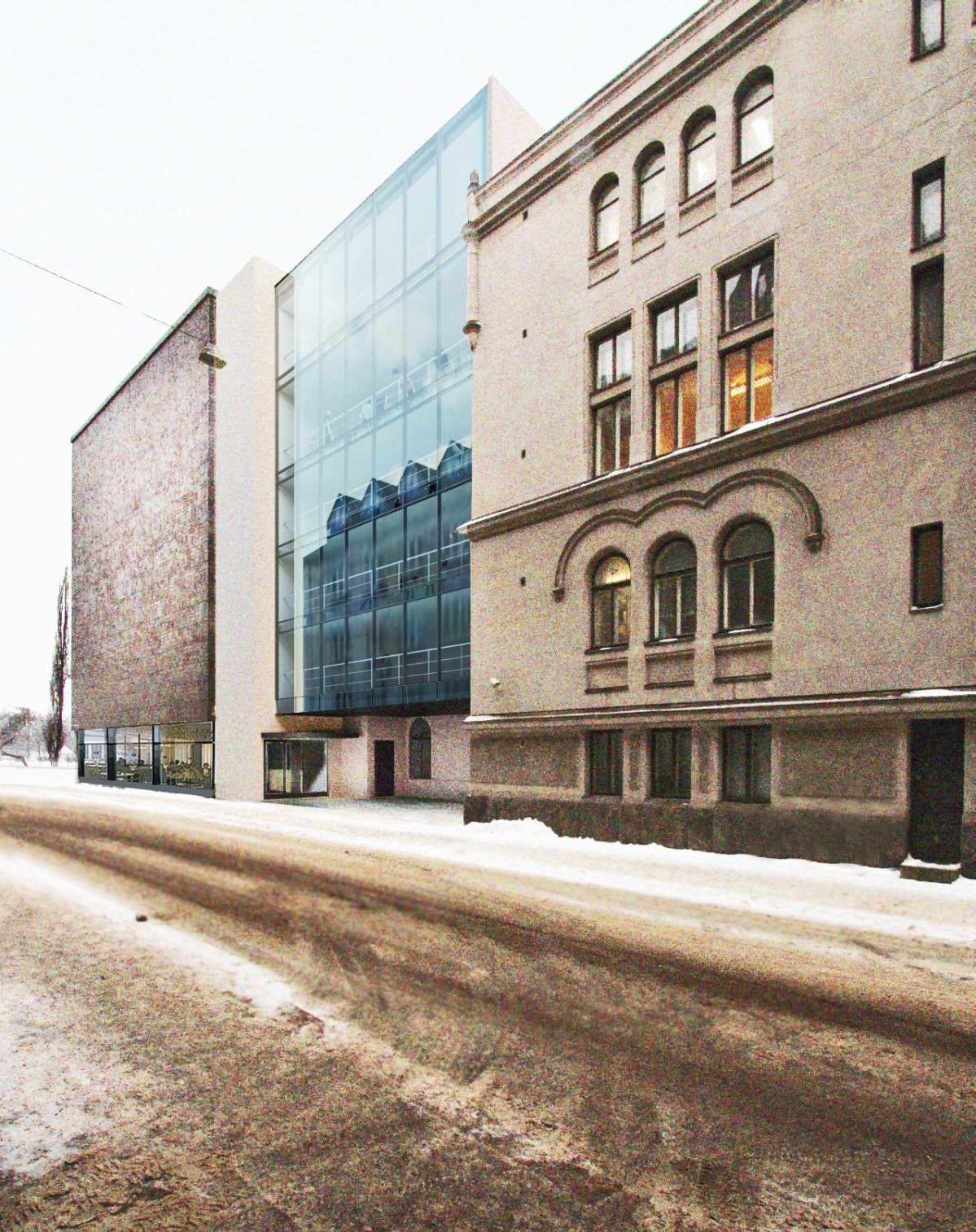 Havainnekuva Läntisen teatterikujan puolelle suunnitellusta Kansallisteatterin laajennuksesta.