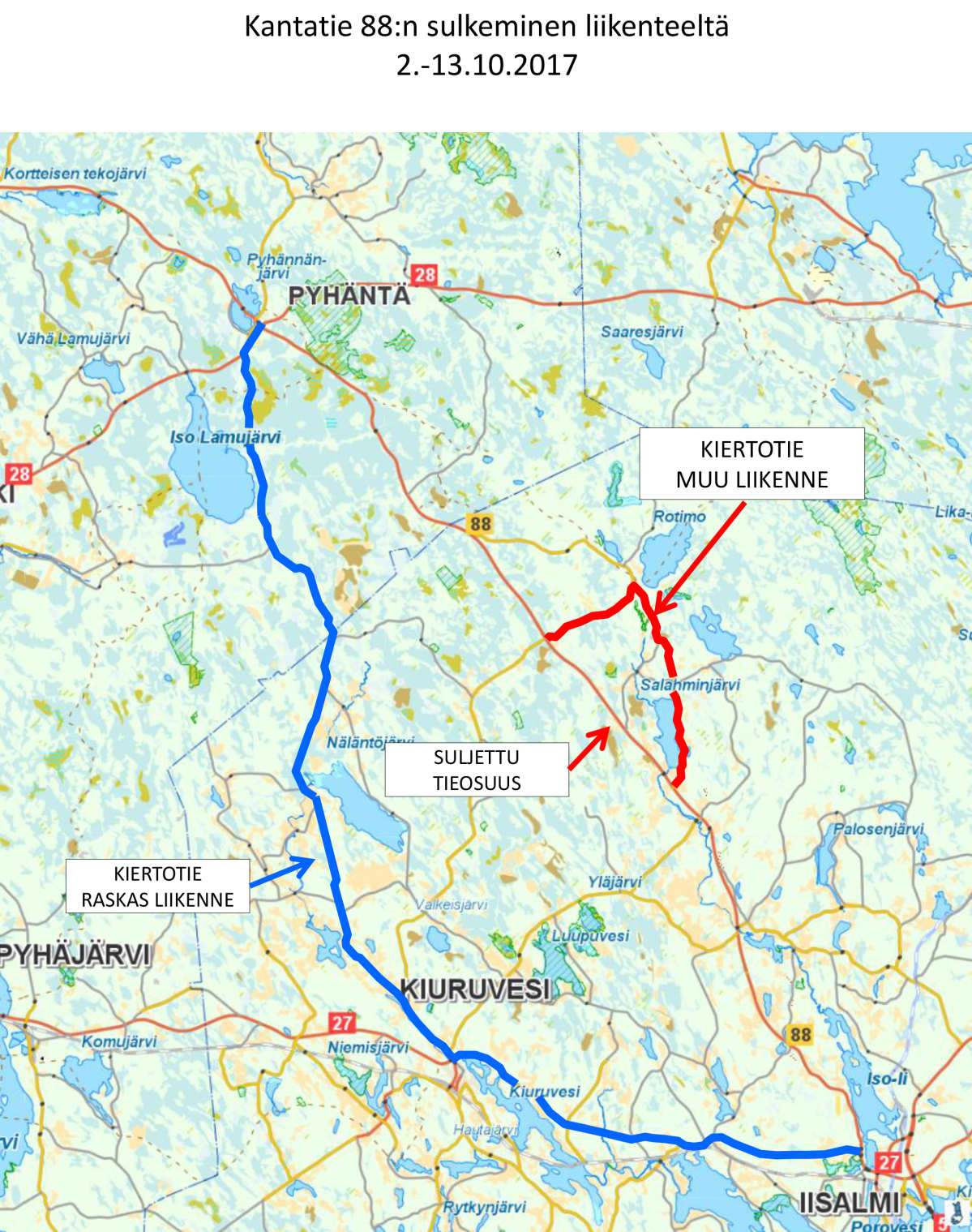 Karttakuva kiertoteistä Vieremän alueella Ruska-harjoituksen aikana.