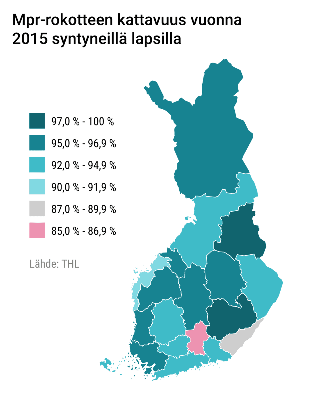 Mpr-rokotteen kattavuus vuonna
2015 syntyneillä lapsilla