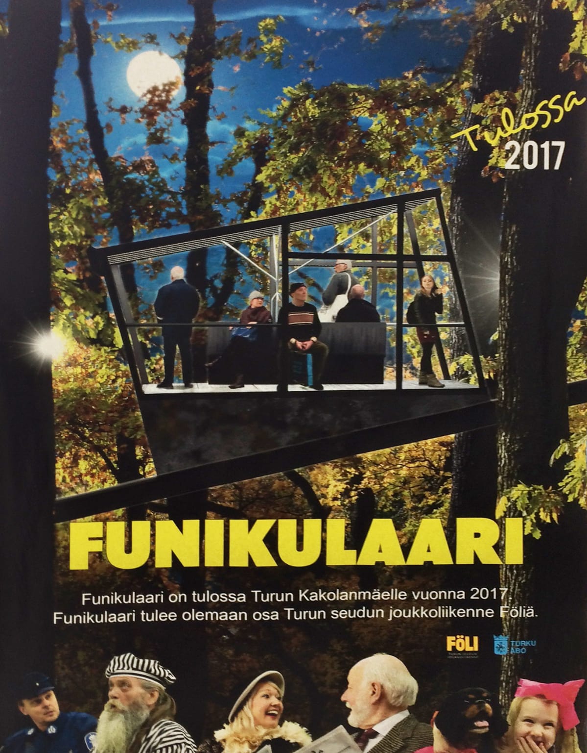 Funikulaarin mainosjuliste linja-auton ikkunassa.