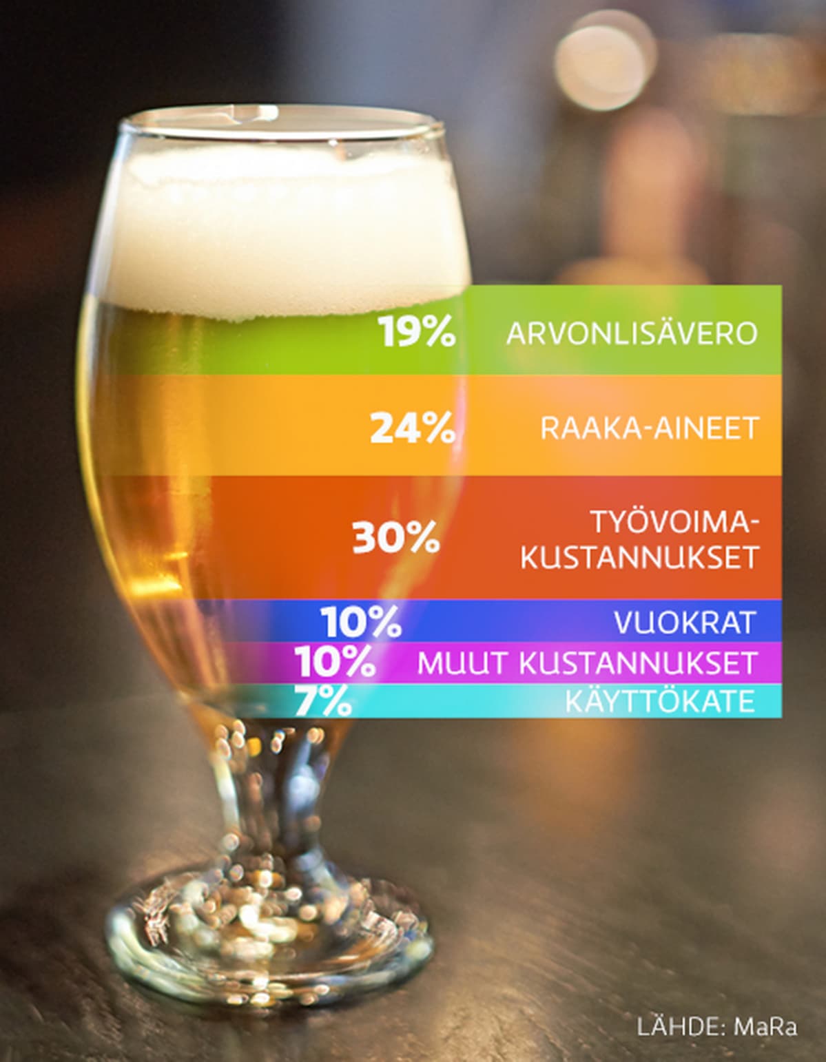 Grafiikka oluen hinnan koostumuksesta ravintolassa.