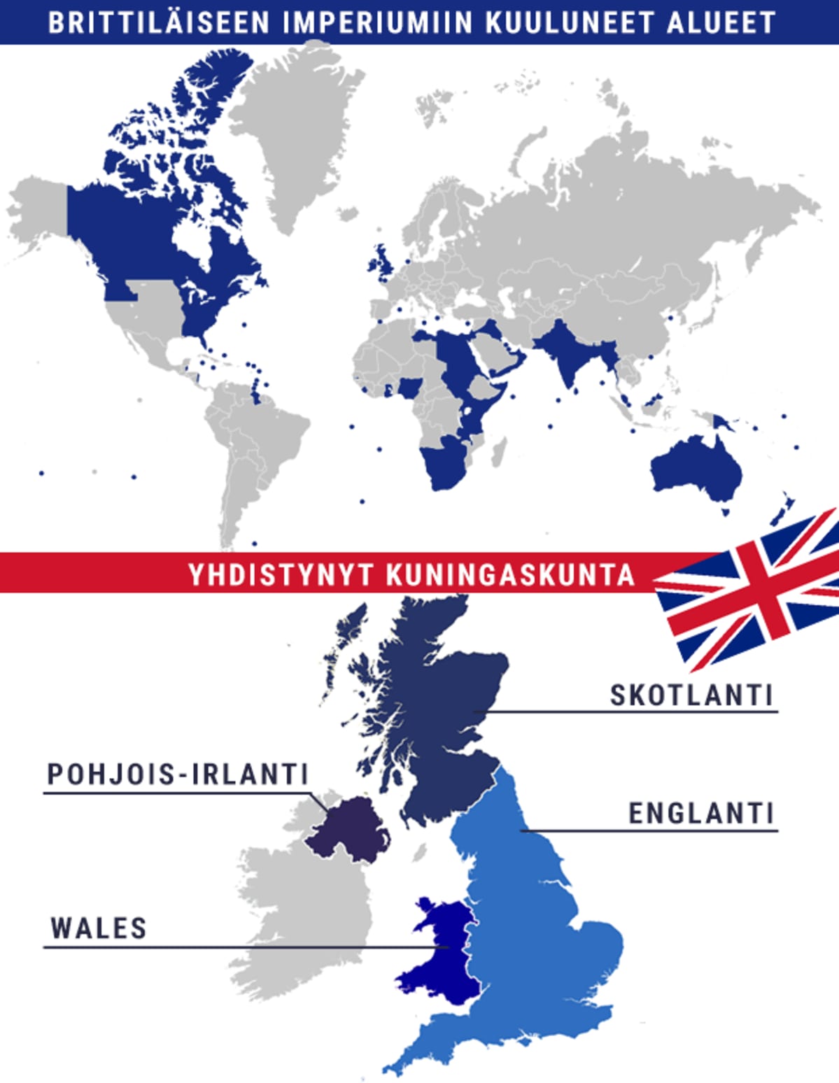Karttagrafiikka brittiläisen imperiumiin kuuluneista alueista ja Isosta-Britanniasta.