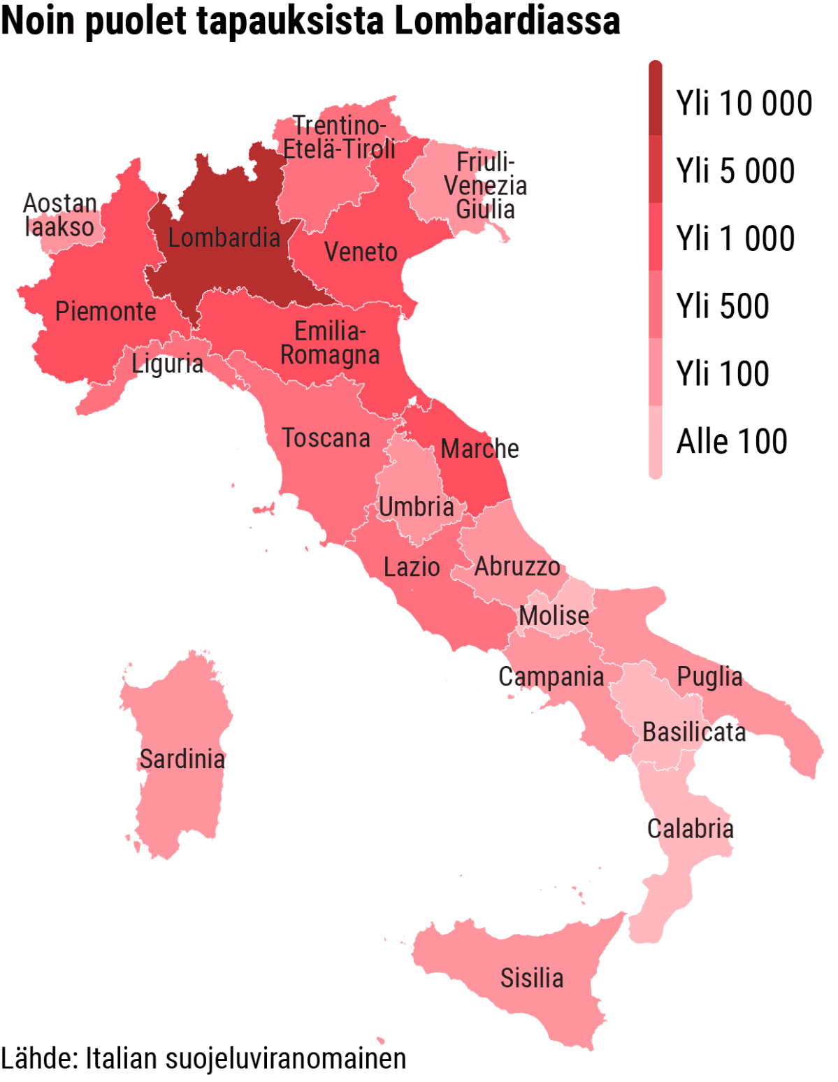 Infokartta koronavirukseen sairastuneiden varmistuneiden tapausten määrästä Italiassa maakunnittain.