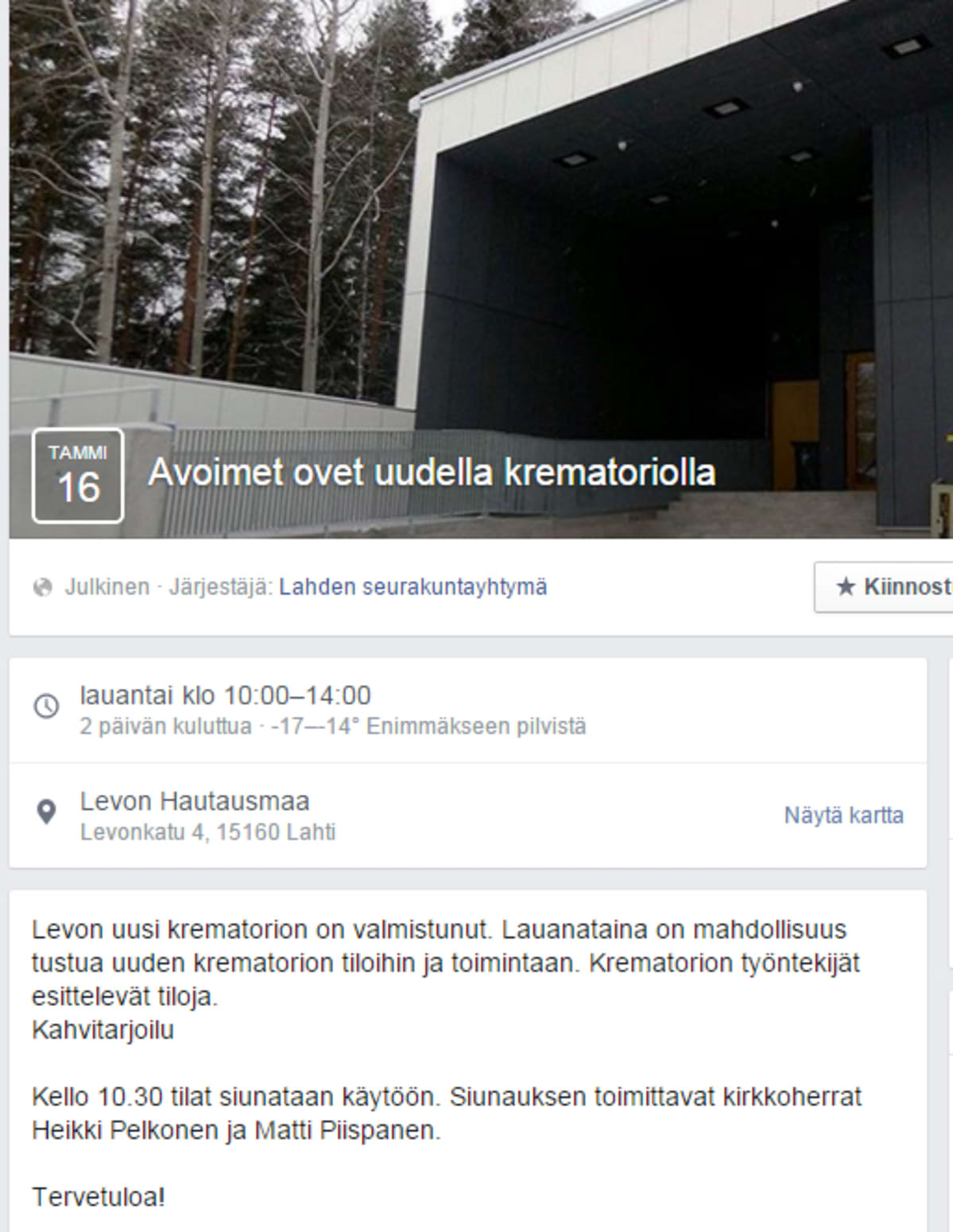 Krematorion avoimien ovien tapahtumailmoitus Facebookissa.