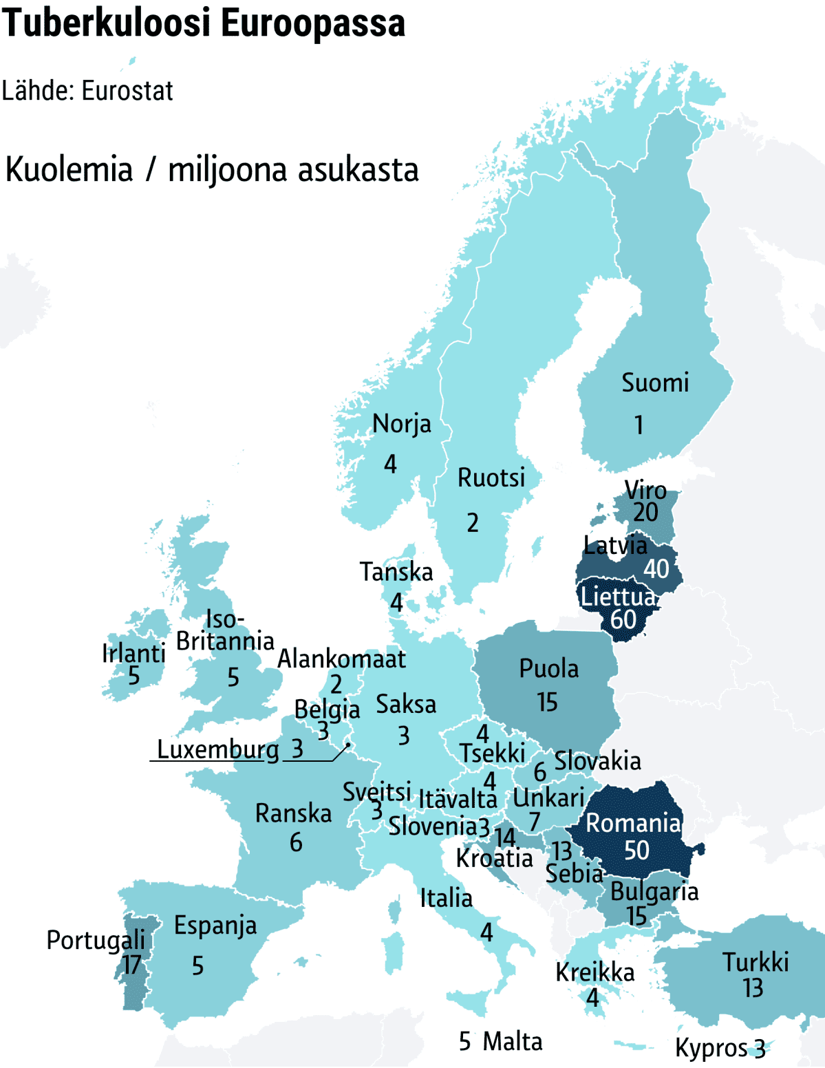 Euroopan kartalla maittain tuberkuloosiin kuolleiden määrä.