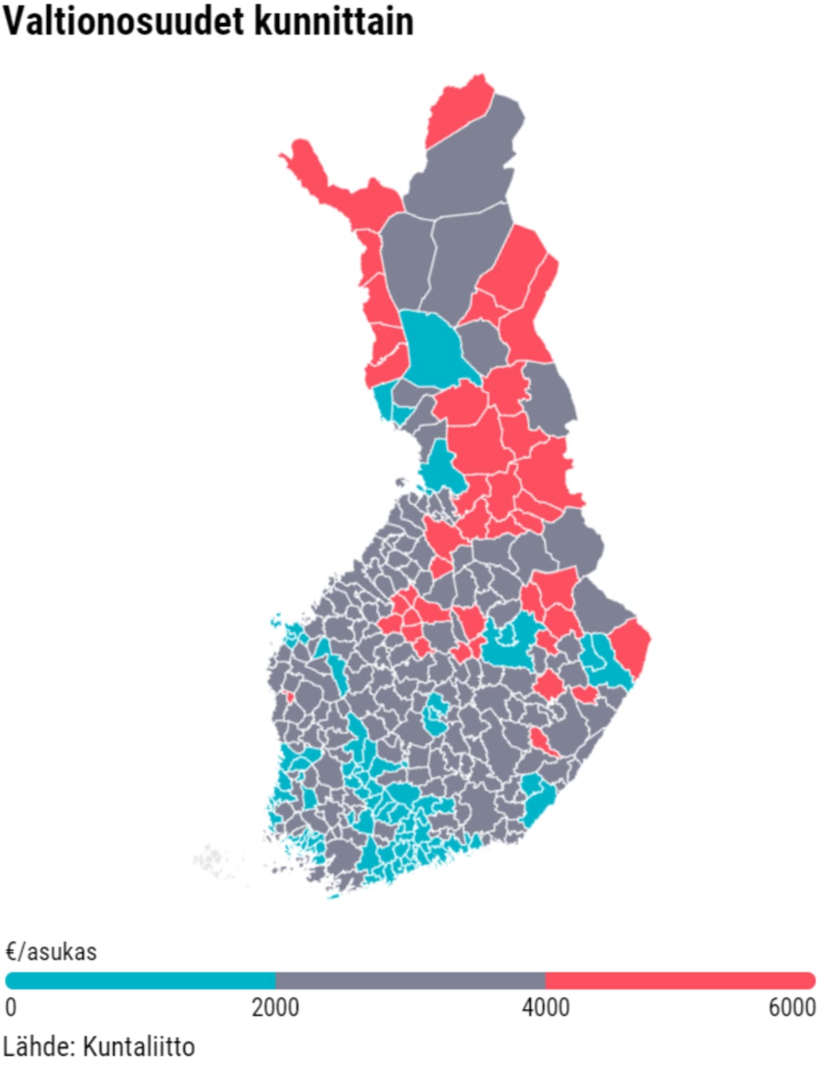 Valtionosuuksien määrä kunnittain.