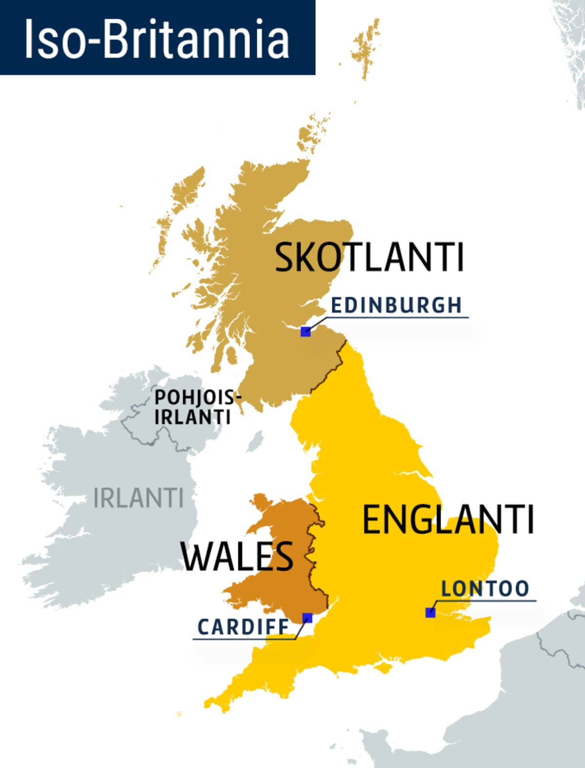Ison-Britannian kartta, jossa näkyvät alueittain Skotlanti, Wales ja Englanti, sekä Pohjois-Irlanti ja irlanti