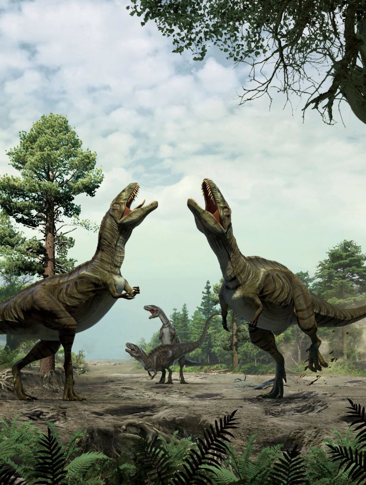Piirroskuva neljästä dinosauruksesta tepastelemassa ja karjumassa.
