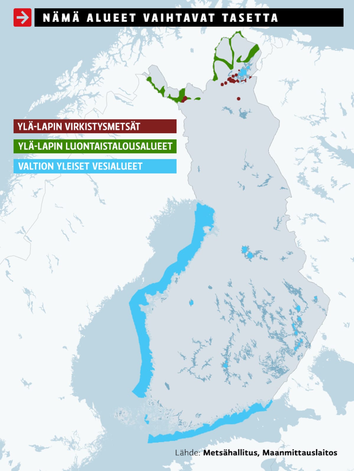 Karttagrafiikassa näkyvät Ylä-Lapin virkistysmetsät, Ylä-Lapin luontaistalousalueet ja valtion yleiset vesialueet.