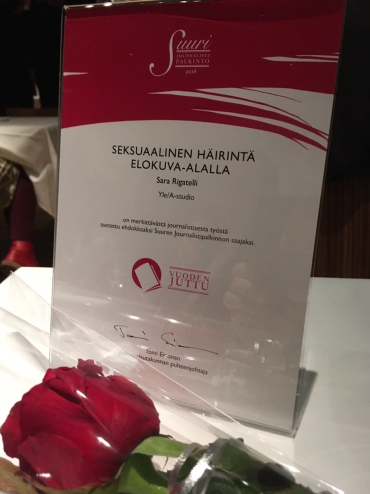 Sara Rigatellin ehdokkuus-diplomi
