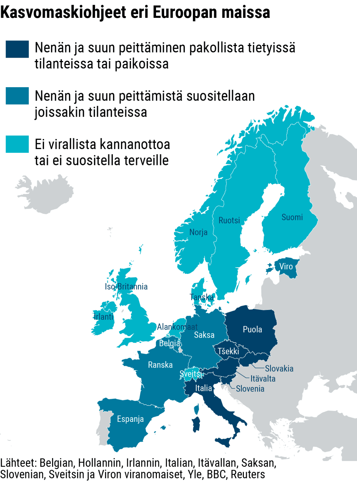Infokartta ohjeista kasvomaskien käyttöön eri Euroopan maissa.