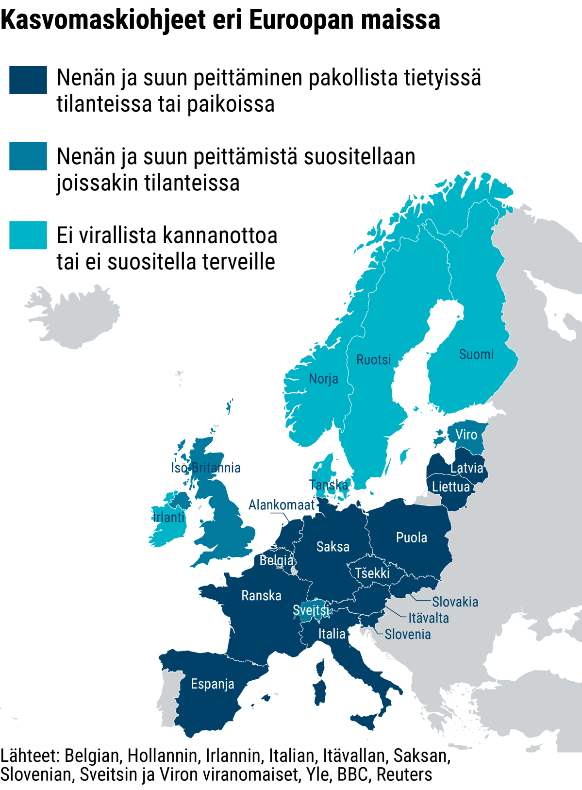 Infokartta kasvomaskien käytöstä Euroopassa.