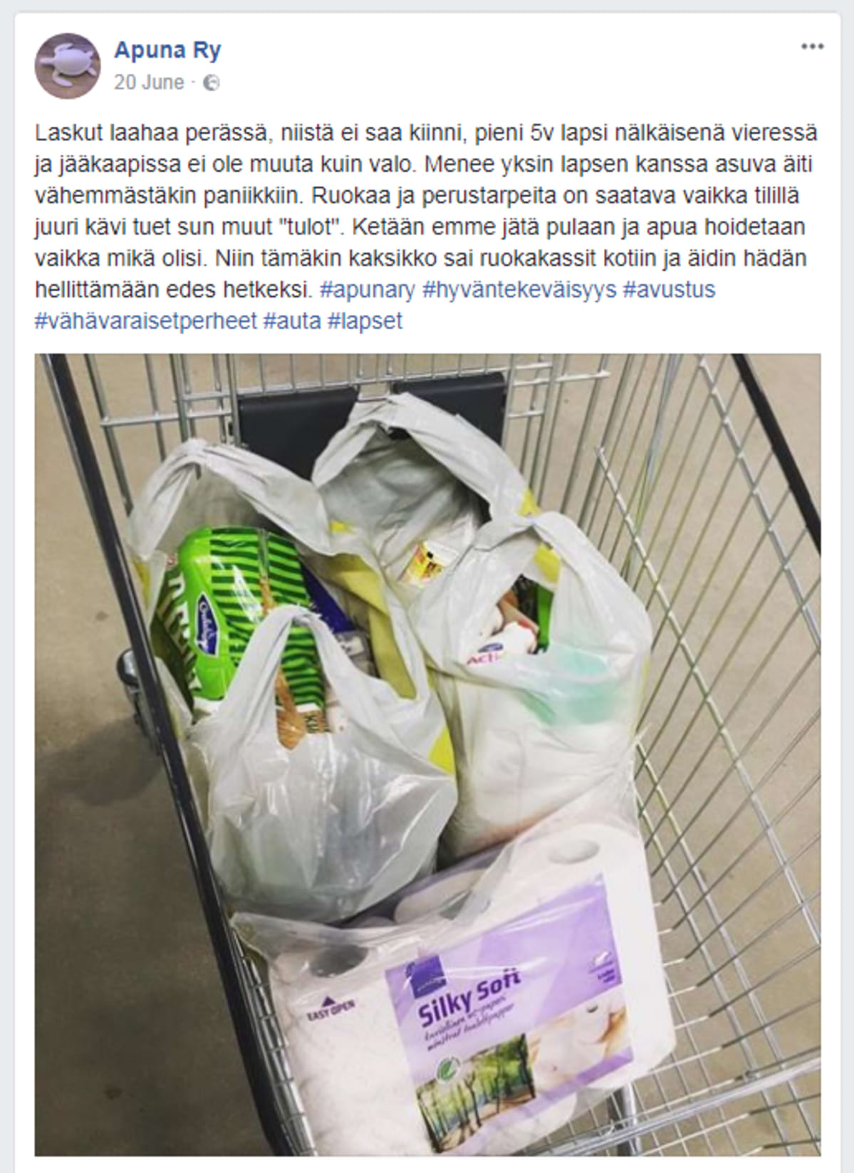 Kuvakaappaus Apuna Ry:n Facebook-sivuilta.