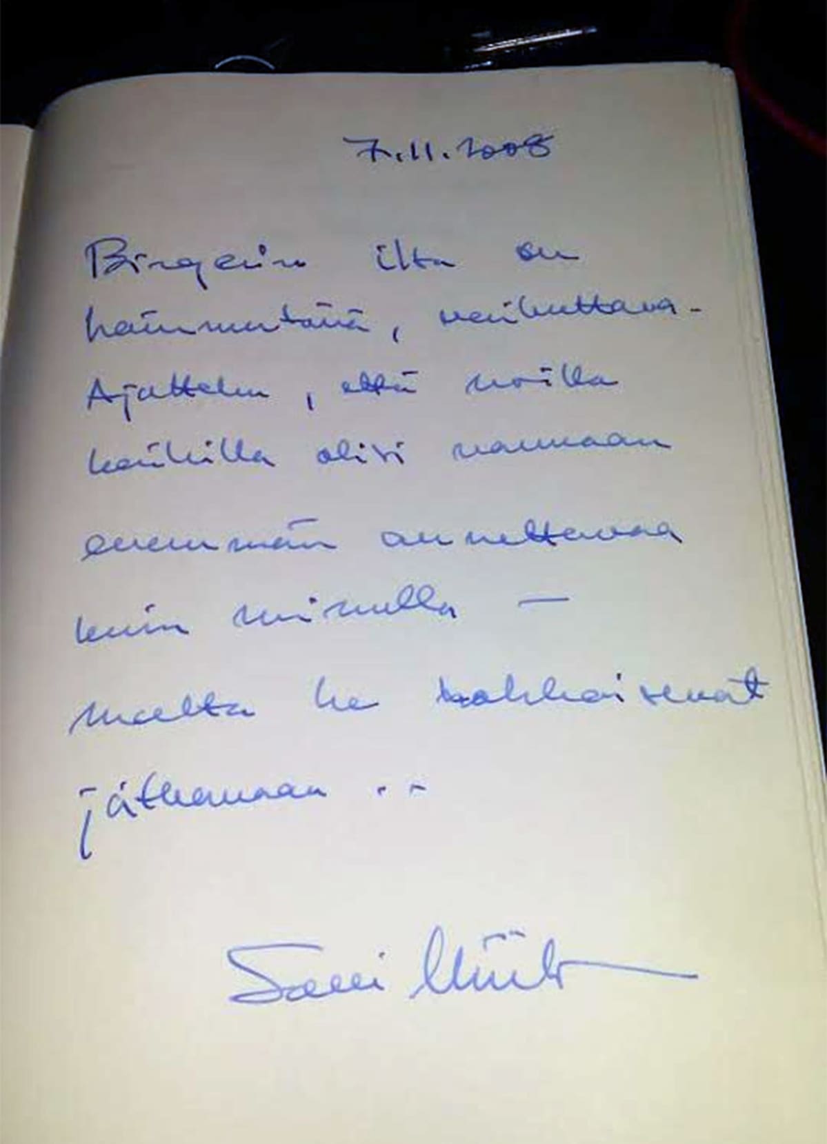 Sauli Niinistön kirjoittama viesti vieraskirjaan