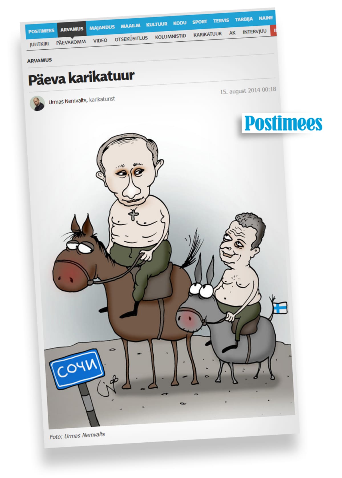 Kuvakaappaus Postimees-lehden sivuilta. Kuvassa Putinia esittävä hahmo ratsastaa hevosella ja presidentti Niinistöä esittävä hahmo aasilla.