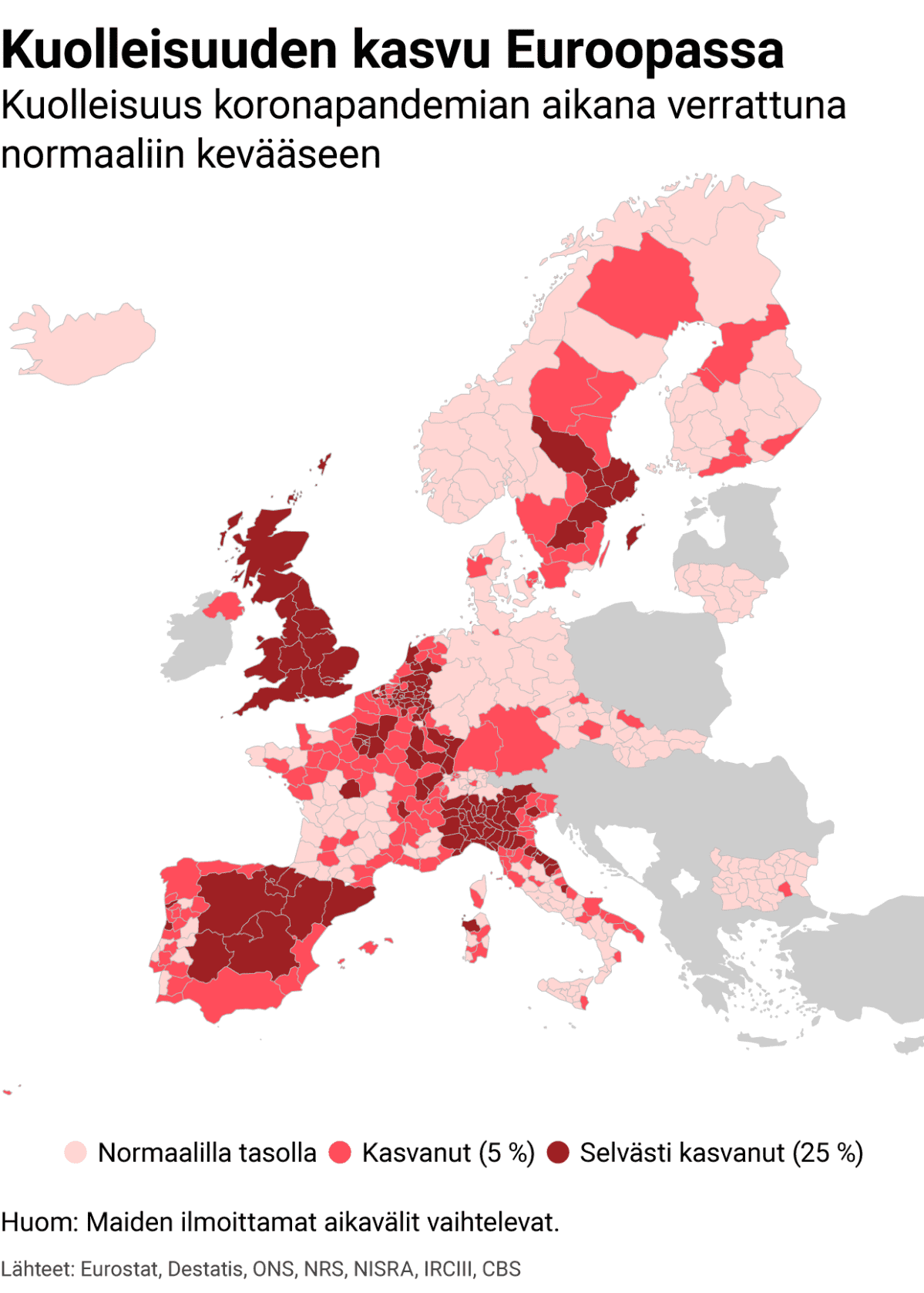 Korona-ajan kuolleisuus Euroopassa normaaliin verrattuna.