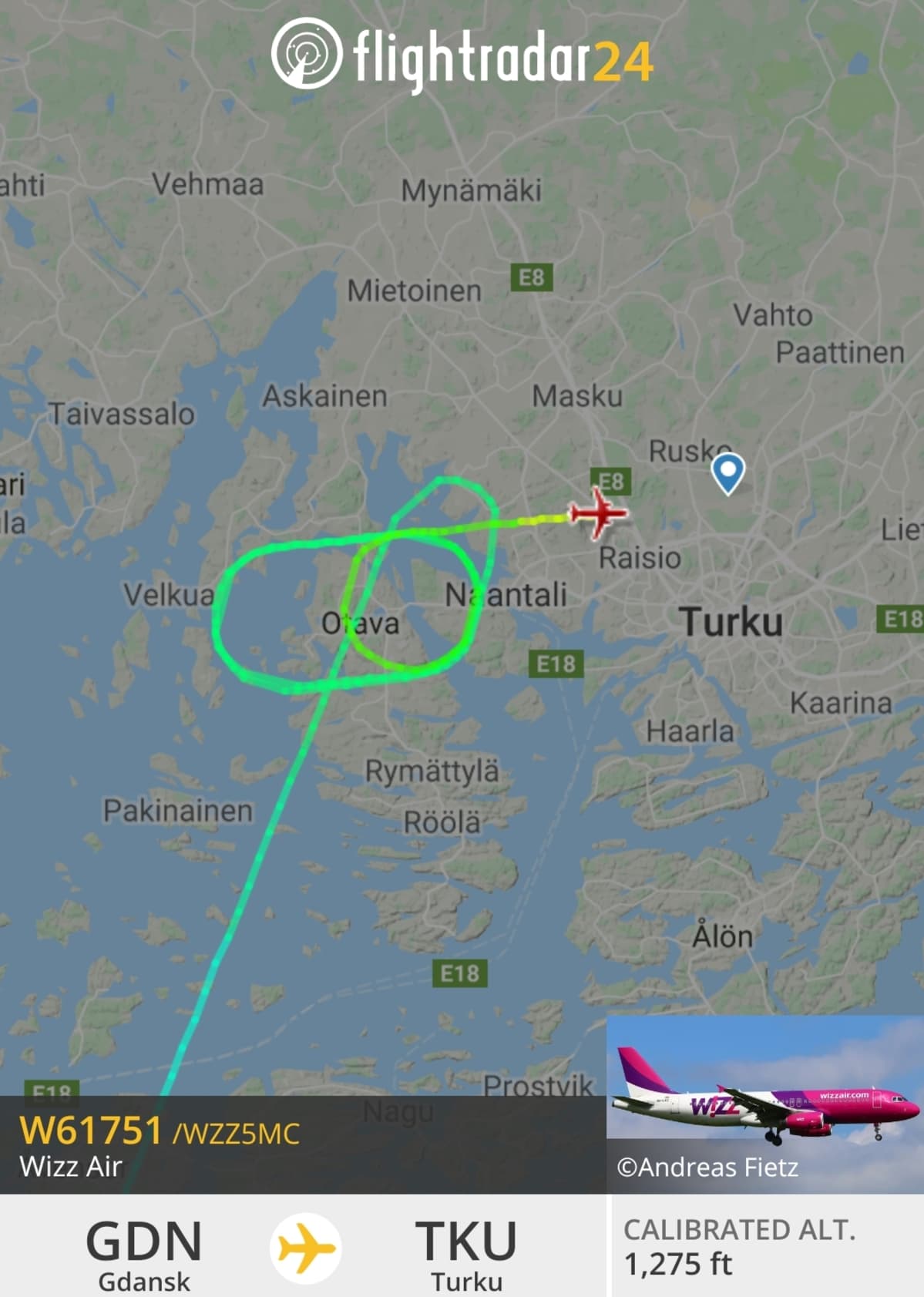 Kuvassa näkyy Gdansk-Turku -koneen lentoreittiä Flightradar-sivustolla.