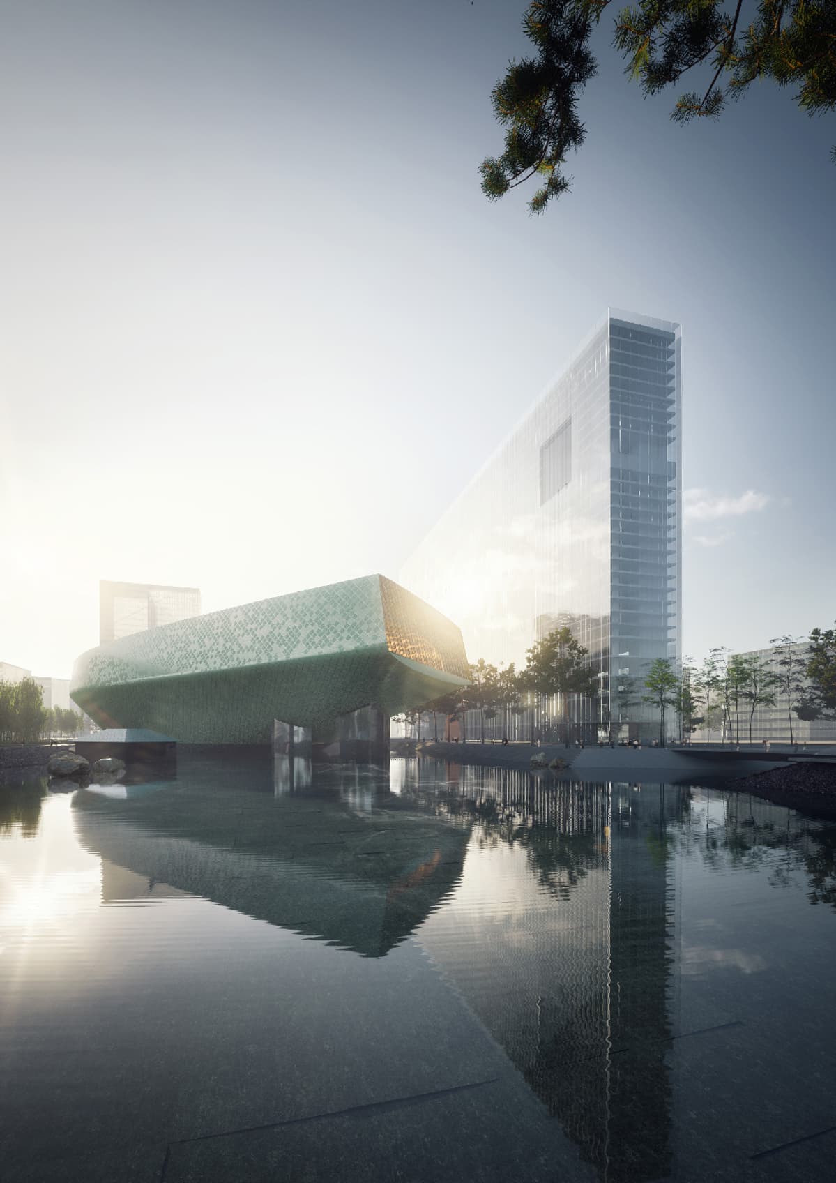 Nanging Sino-Finnish Center Architecture Design Competition -arkkitehtikilpailun ehdotus suomalais-kiinalaiseksi keskukseksi Nangingiin.