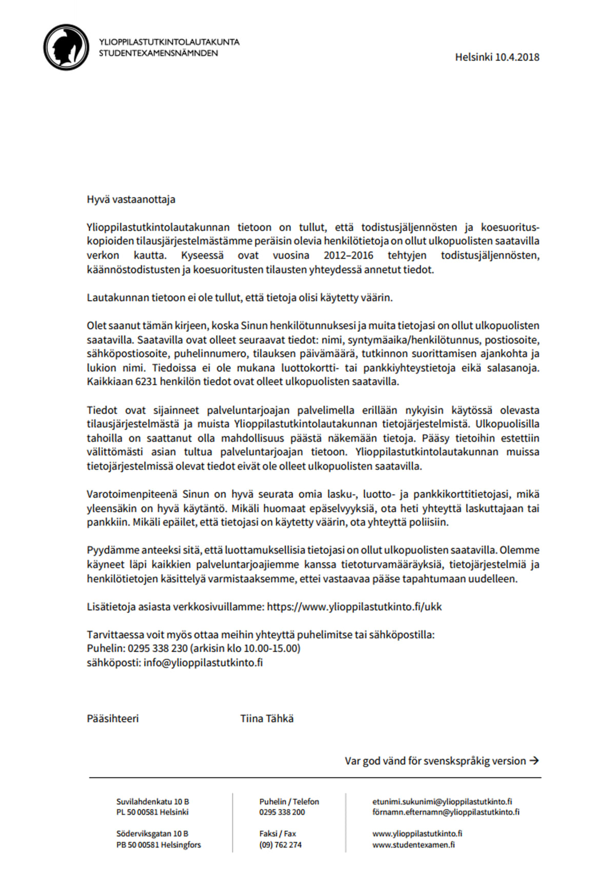 Ylioppilastutkintolautakunnan tietovuotoon liittyvä kirje.