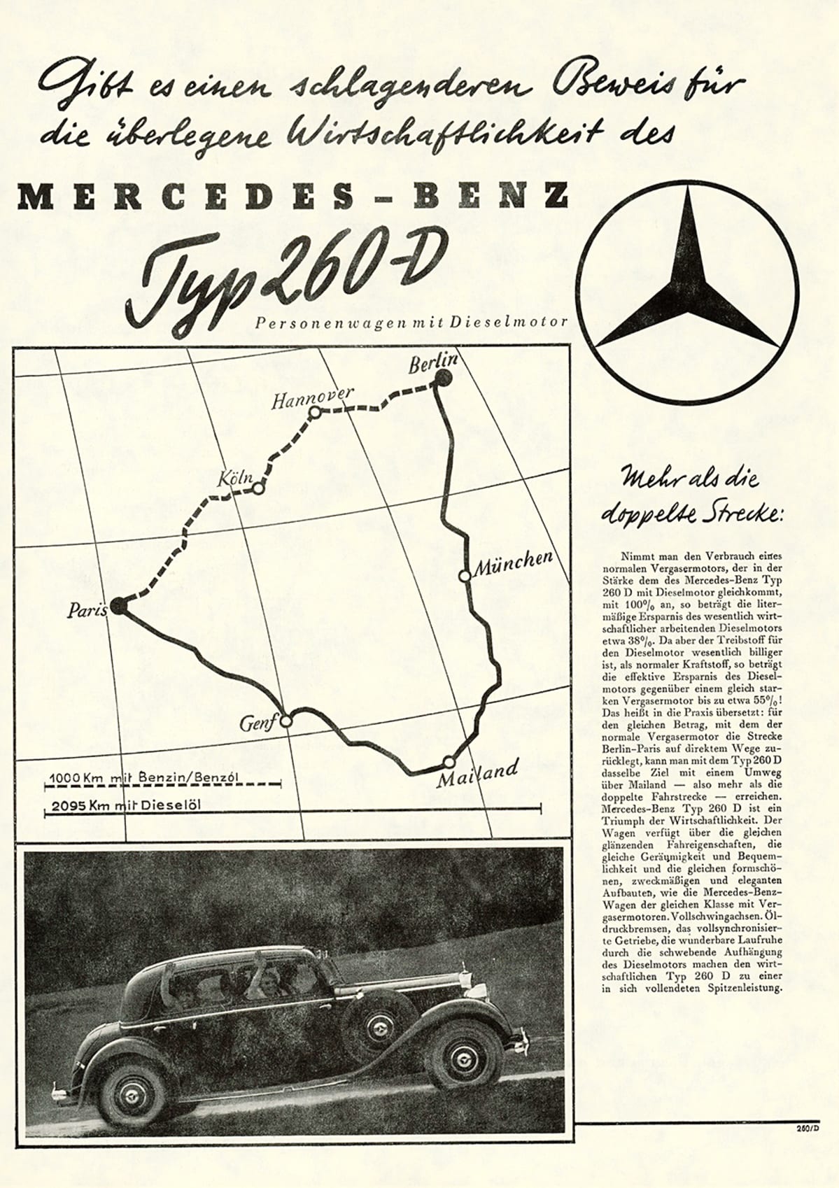Mercedes-Benz 260 D mainos vuodelta 1936 ylisti jo tuolloin dieselmoottorin polttoainetehokkuutta.