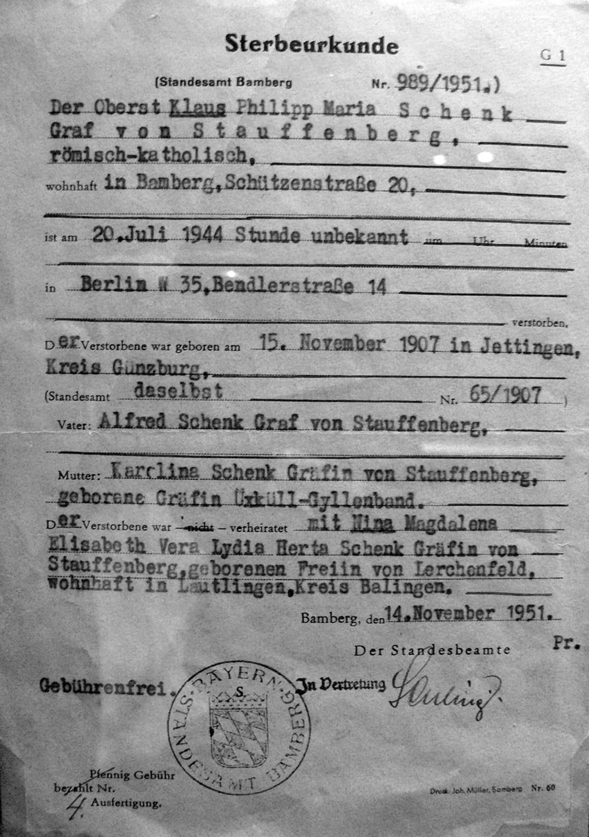 Claus Schenk Graf von Stauffenberg kuolintodistus