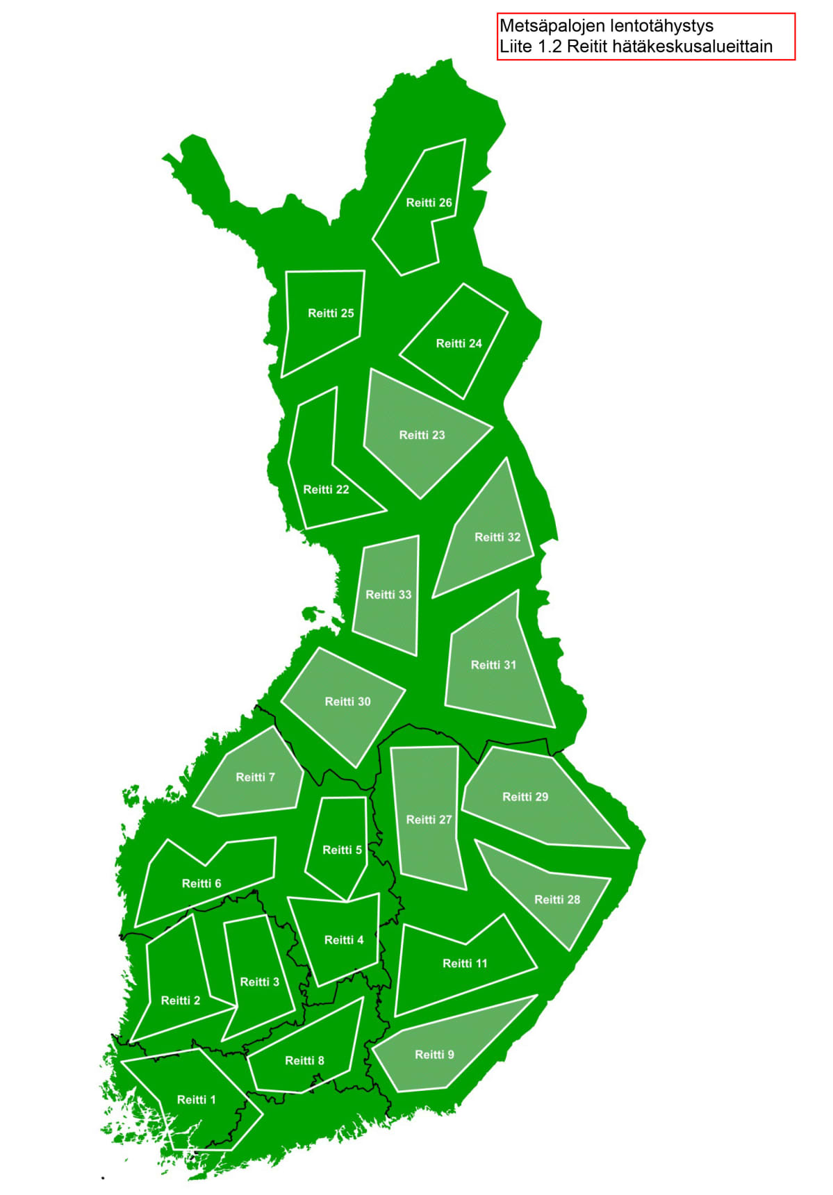 Kuvassa Suomen metsäpalojen tähystyslentojen uudet reitit.