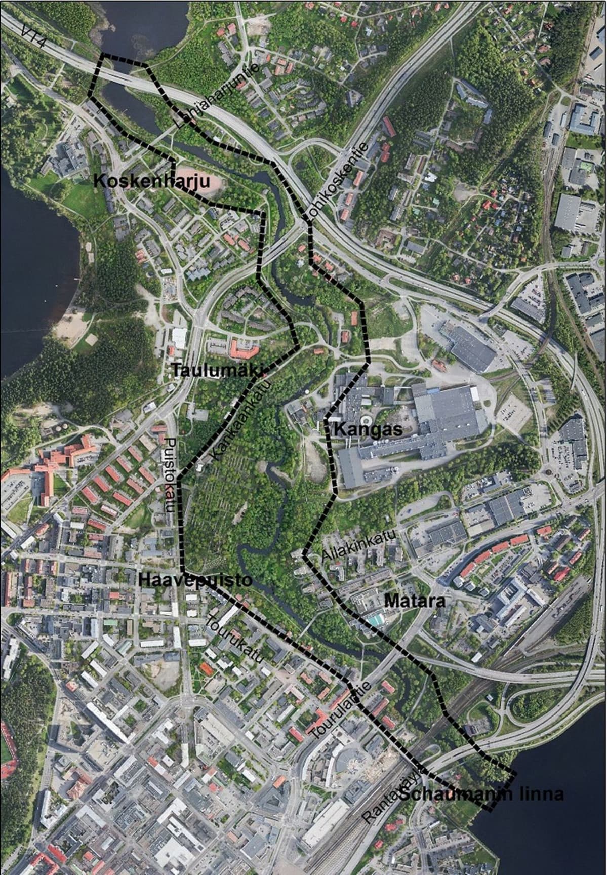 Tourujoen suunnittelualue ulottuu ylhäältä Palokkajärvestä alas Jyväsjärveen.