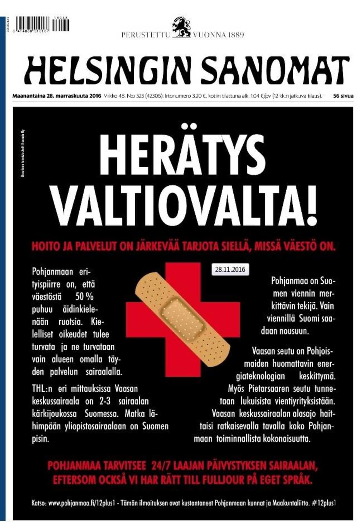 Pohjanmaan kuntien ja Pohjanmaan liiton ostama mainos Helsingin Sanomien etusivulla 28.11.2016.